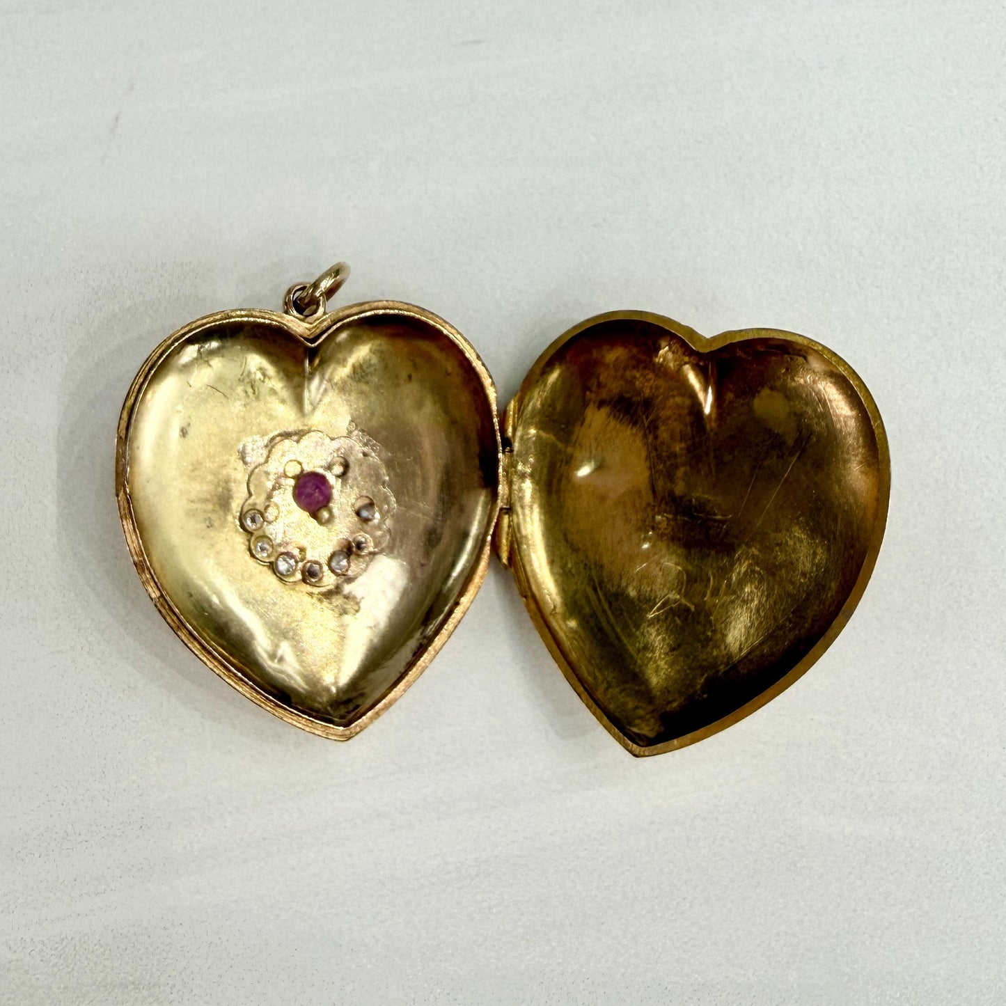 Antique 1908 Ruby and Diamond Sun & Crescent Moon Heart Locket Pendant 9k Gold