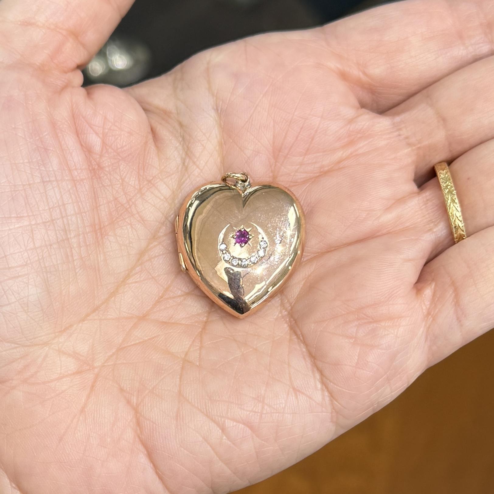 Antique 1908 Ruby and Diamond Sun & Crescent Moon Heart Locket Pendant 9k Gold