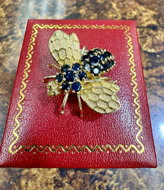 Vintage 14k Yellow Gold Sapphire Bee Pin 1990's
