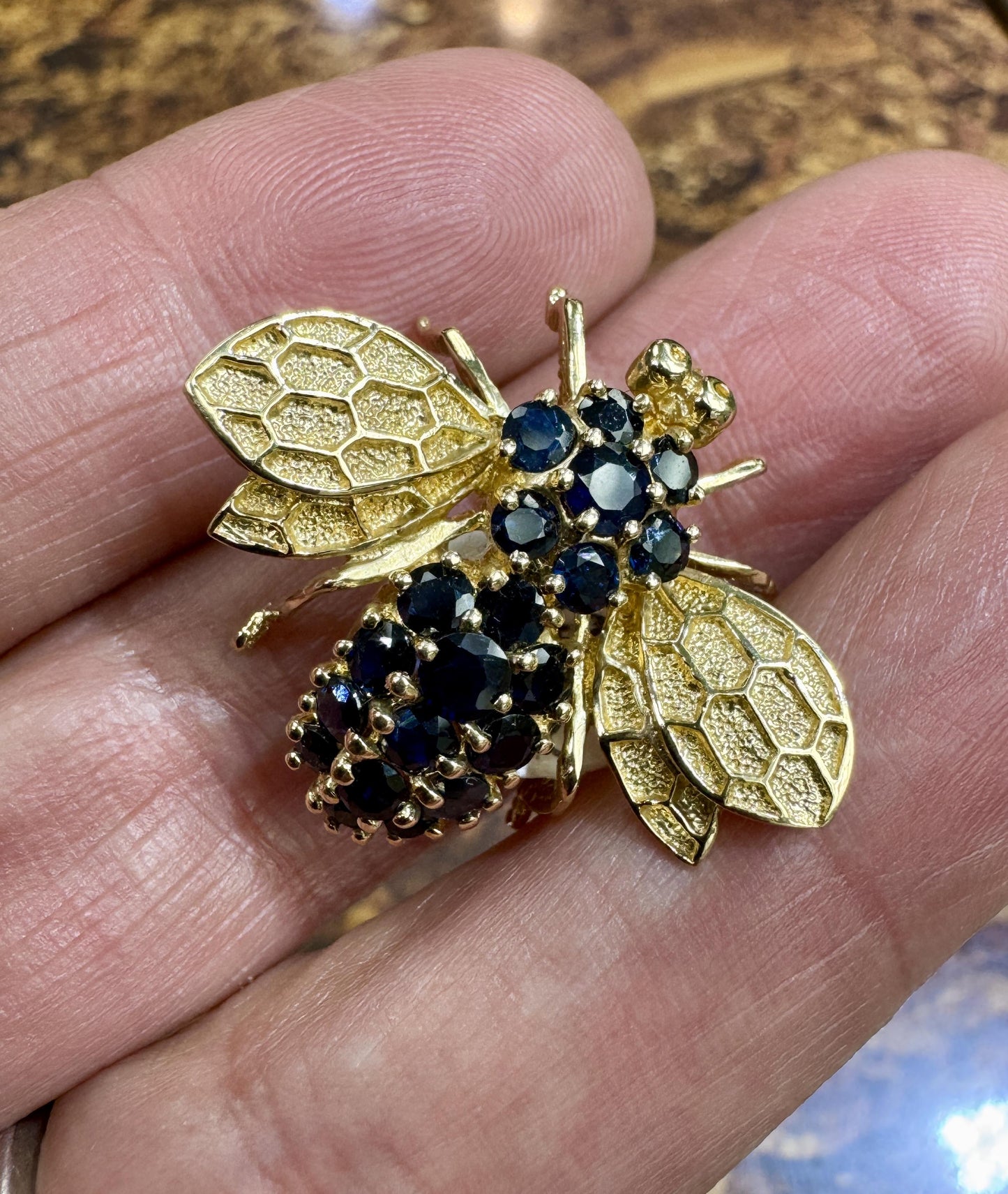 Vintage 14k Yellow Gold Sapphire Bee Pin 1990's