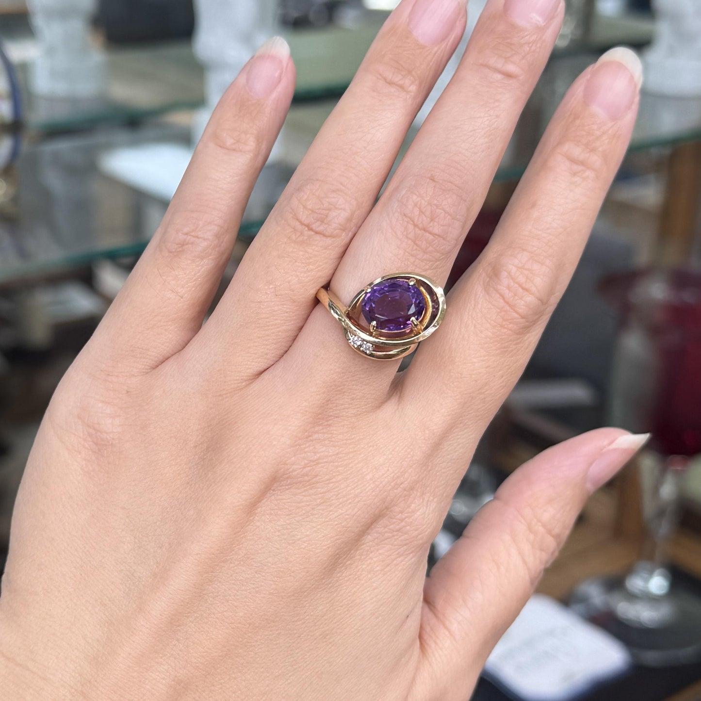 Vintage Amethyst and Diamond Modernist Bypass Swirl Ring 14k Yellow Gold