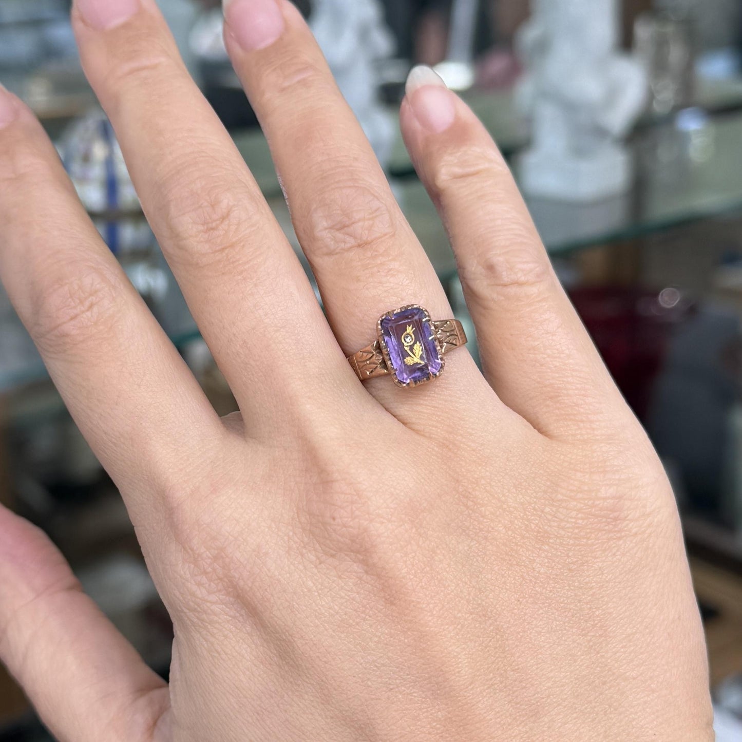 Antique Victorian Rose of Sharon Amethyst Diamond Ring 10k Gold