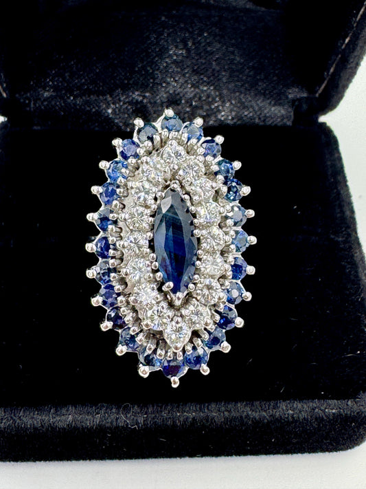 Estate 14k White Gold Sapphire and Diamond Cocktail Ring