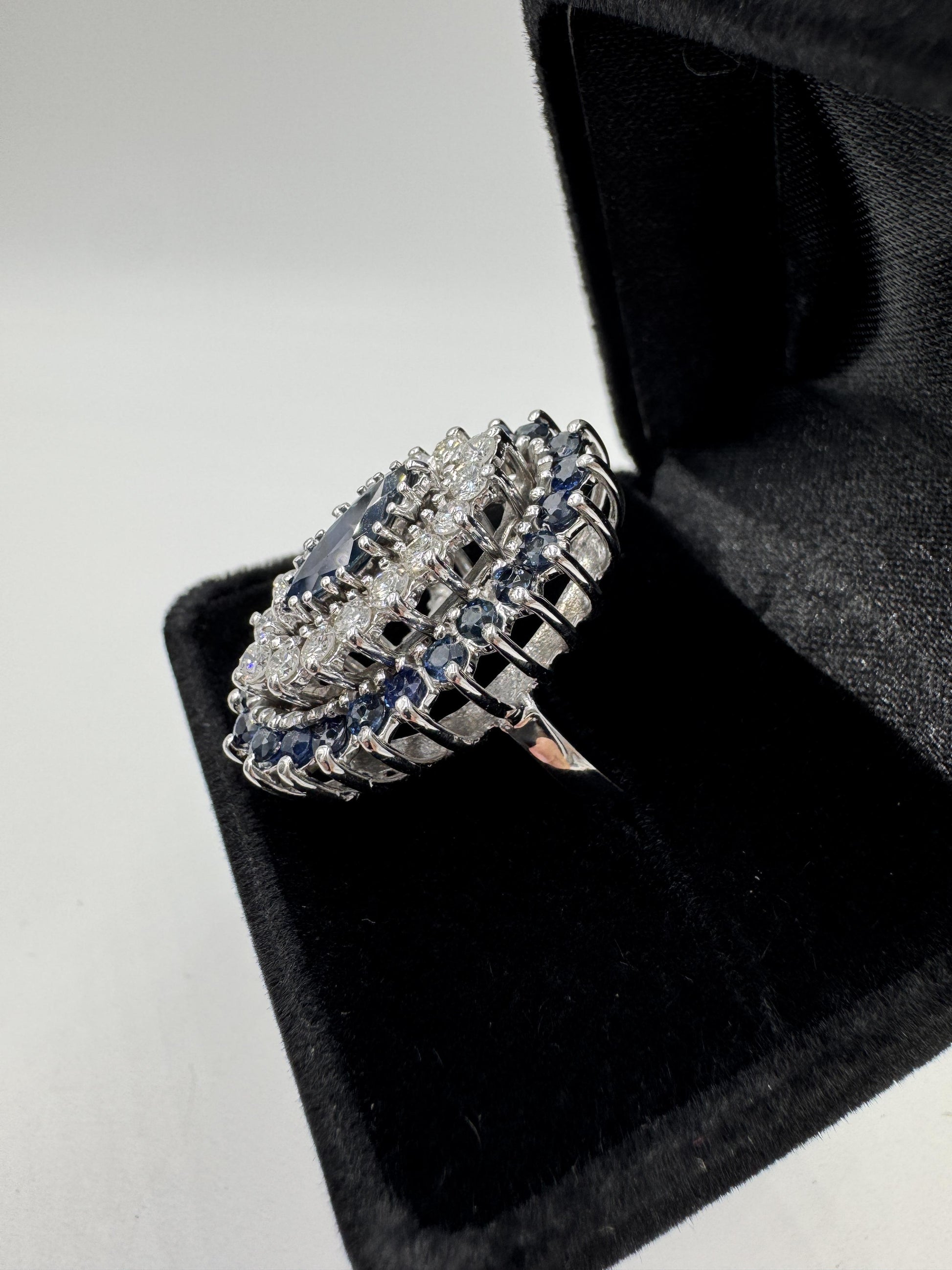 Estate 14k White Gold Sapphire and Diamond Cocktail Ring