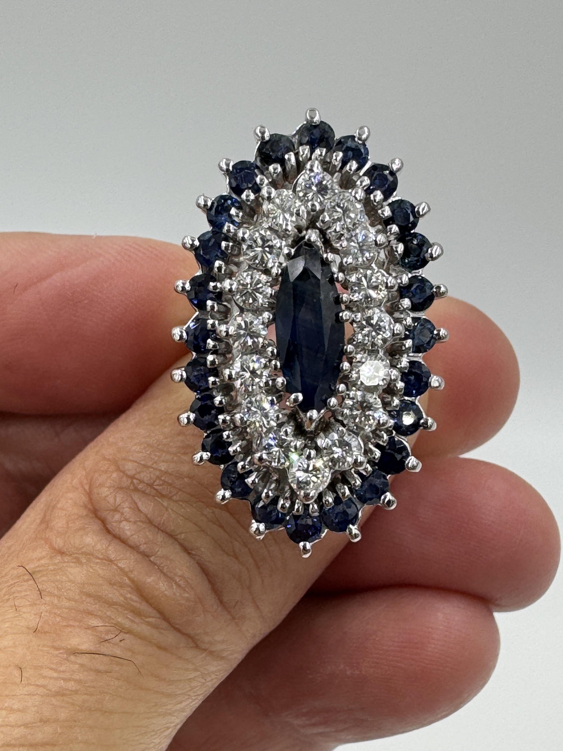 Estate 14k White Gold Sapphire and Diamond Cocktail Ring