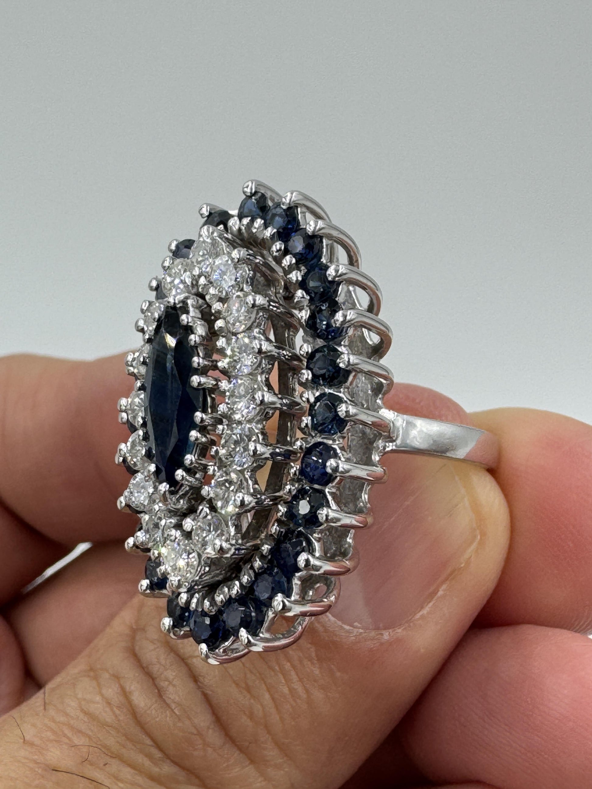 Estate 14k White Gold Sapphire and Diamond Cocktail Ring