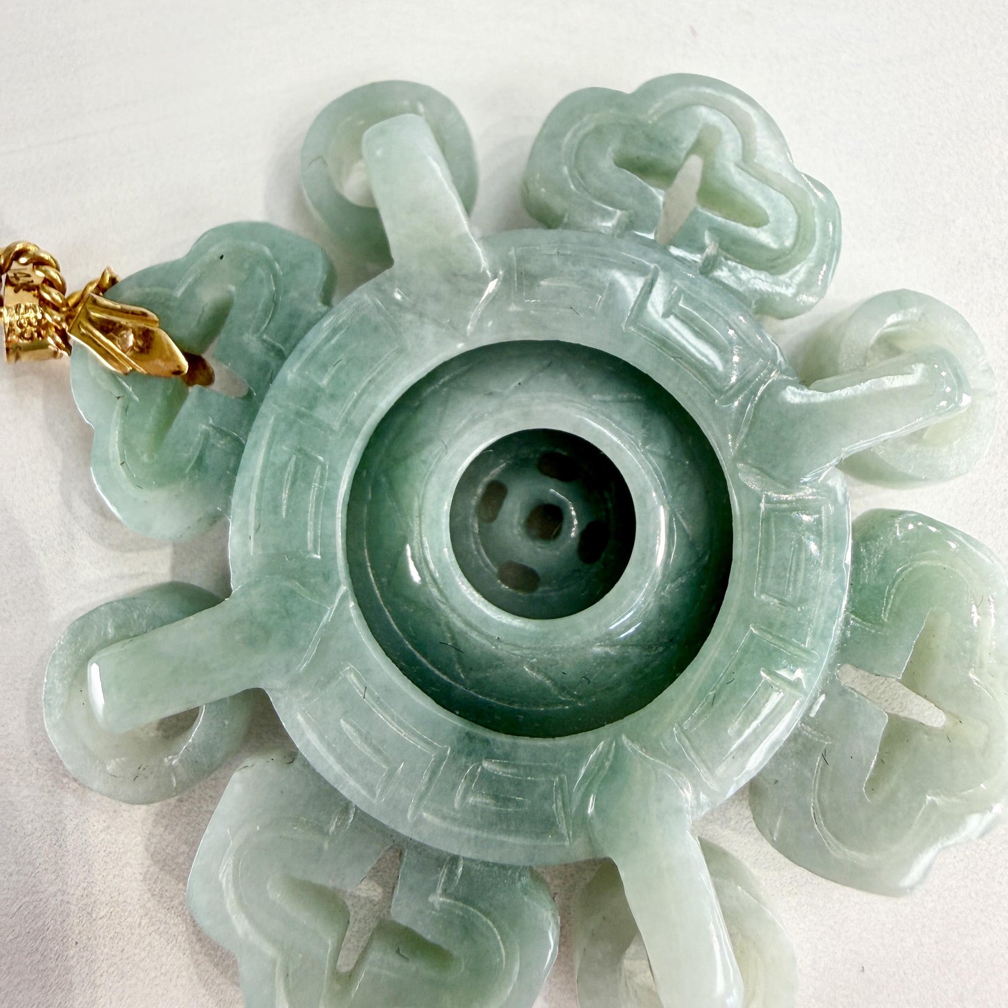 Jade Spinning Motion Good Fortune Pendant Amulet 14k Yellow Gold