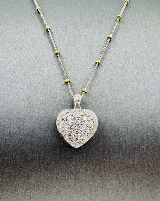 14k White Gold Diamond Pave Heart Pendant Bead Necklace