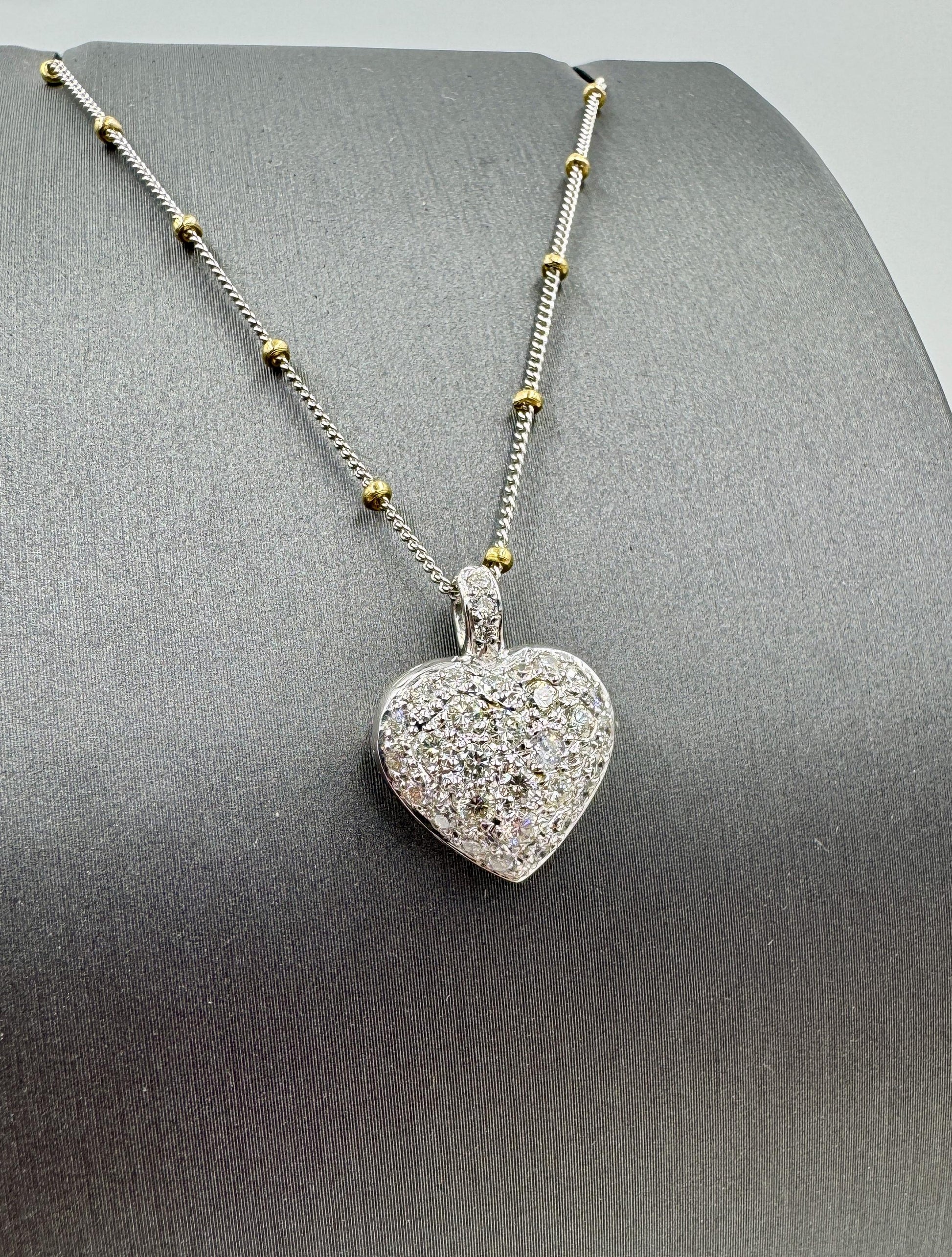 14k White Gold Diamond Pave Heart Pendant Bead Necklace