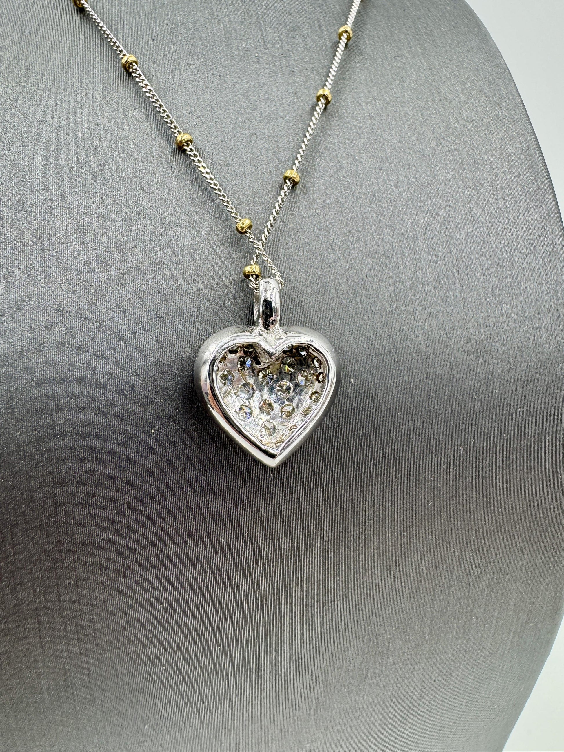 14k White Gold Diamond Pave Heart Pendant Bead Necklace