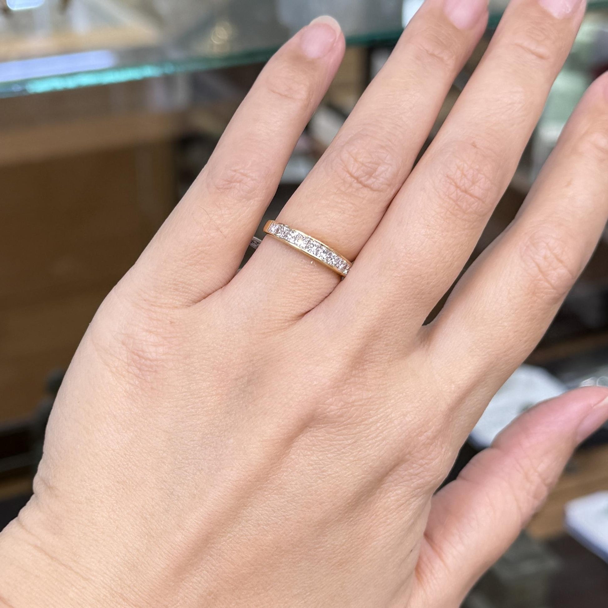 1990's Princess Cut Diamond Band Ring 18k Yellow Gold