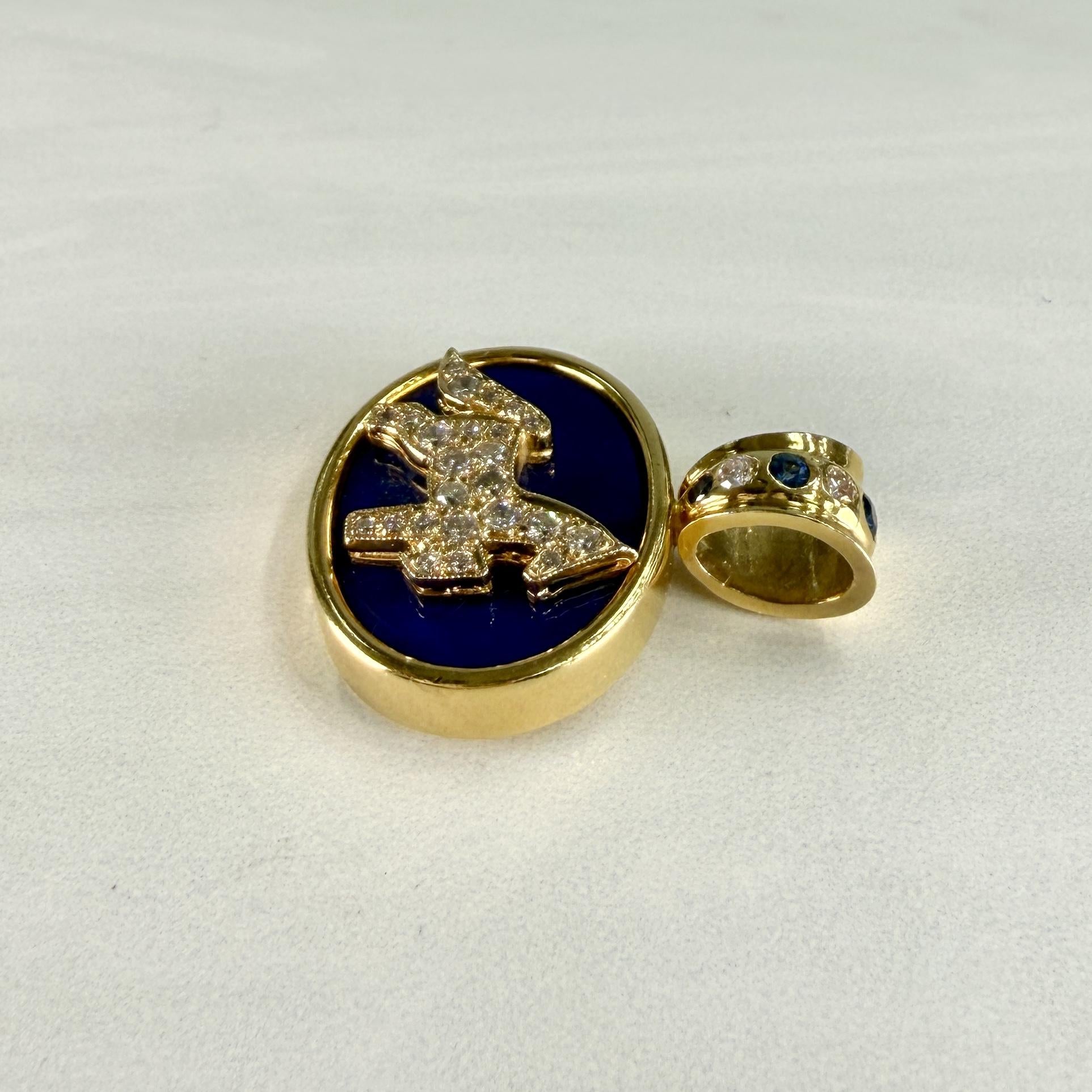 1990's Diamond Sapphire and Lapis Horse Pendant 18k/14k Yellow Gold