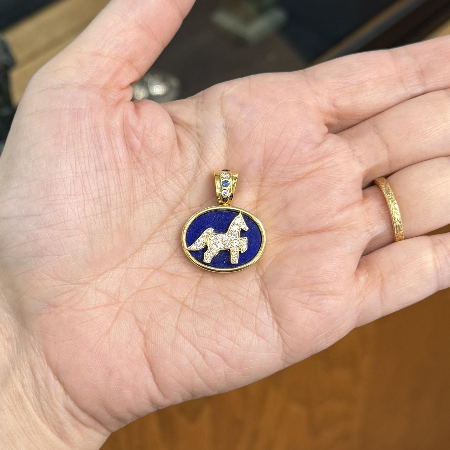 1990's Diamond Sapphire and Lapis Horse Pendant 18k/14k Yellow Gold