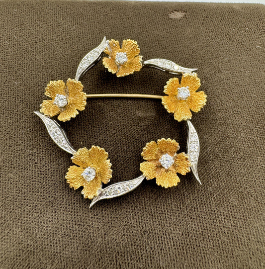 Vintage 18k Gold Flower Diamond Brooch Pin