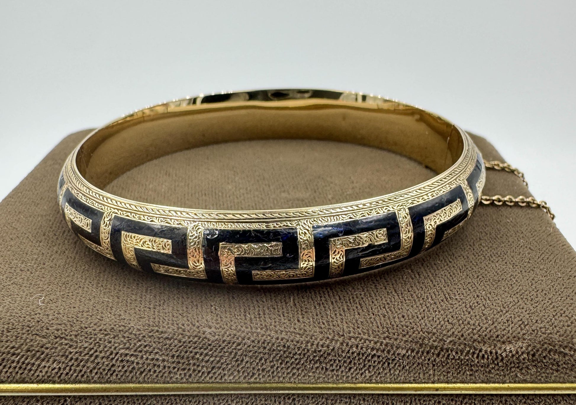 Antique Gold Filled Black Enamel Hinged Bangle Hand Etched