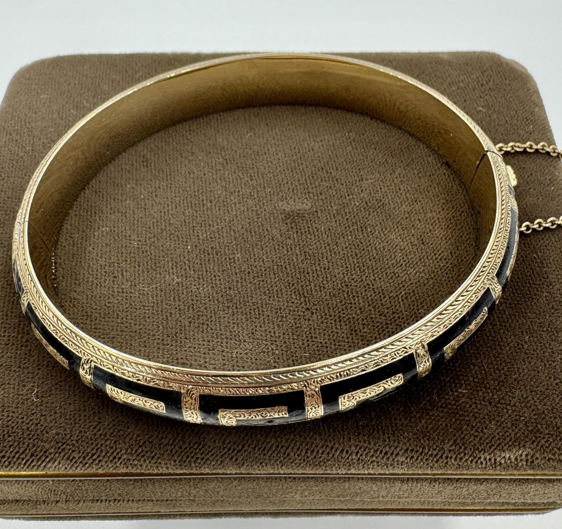 Antique Gold Filled Black Enamel Hinged Bangle Hand Etched