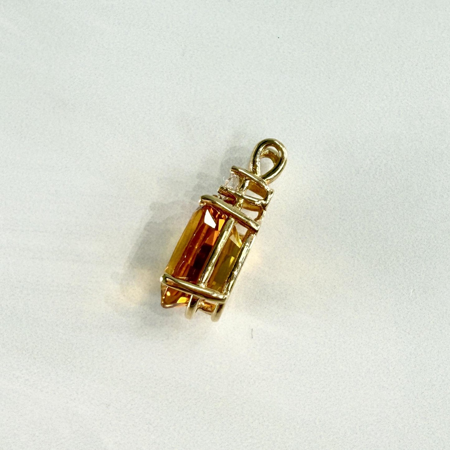 Vintage Lab Grown Orange Sapphire and Diamond Pendant 14k Yellow Gold