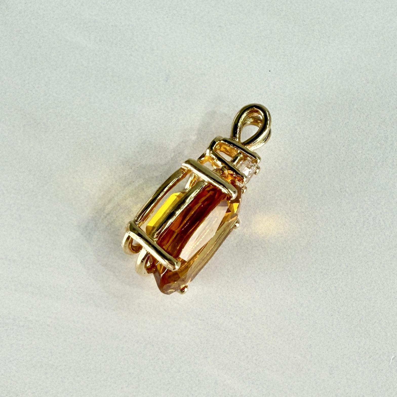 Vintage Lab Grown Orange Sapphire and Diamond Pendant 14k Yellow Gold