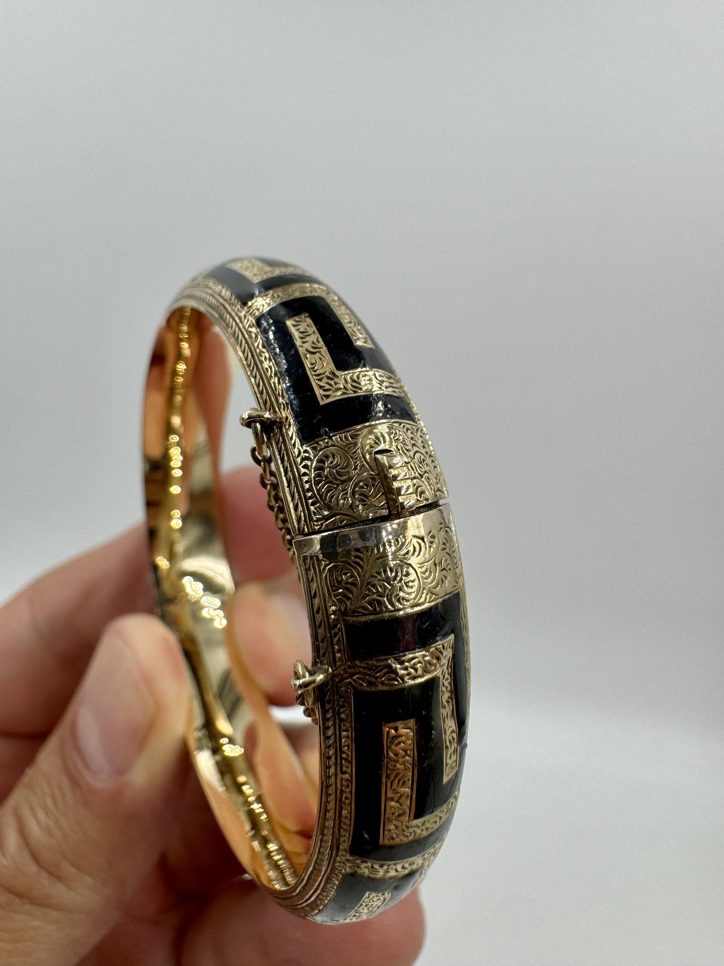 Antique Gold Filled Black Enamel Hinged Bangle Hand Etched