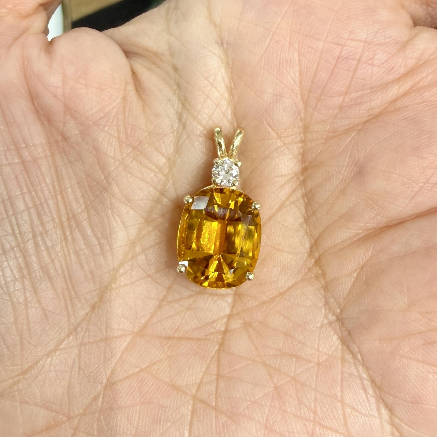 Vintage Lab Grown Orange Sapphire and Diamond Pendant 14k Yellow Gold