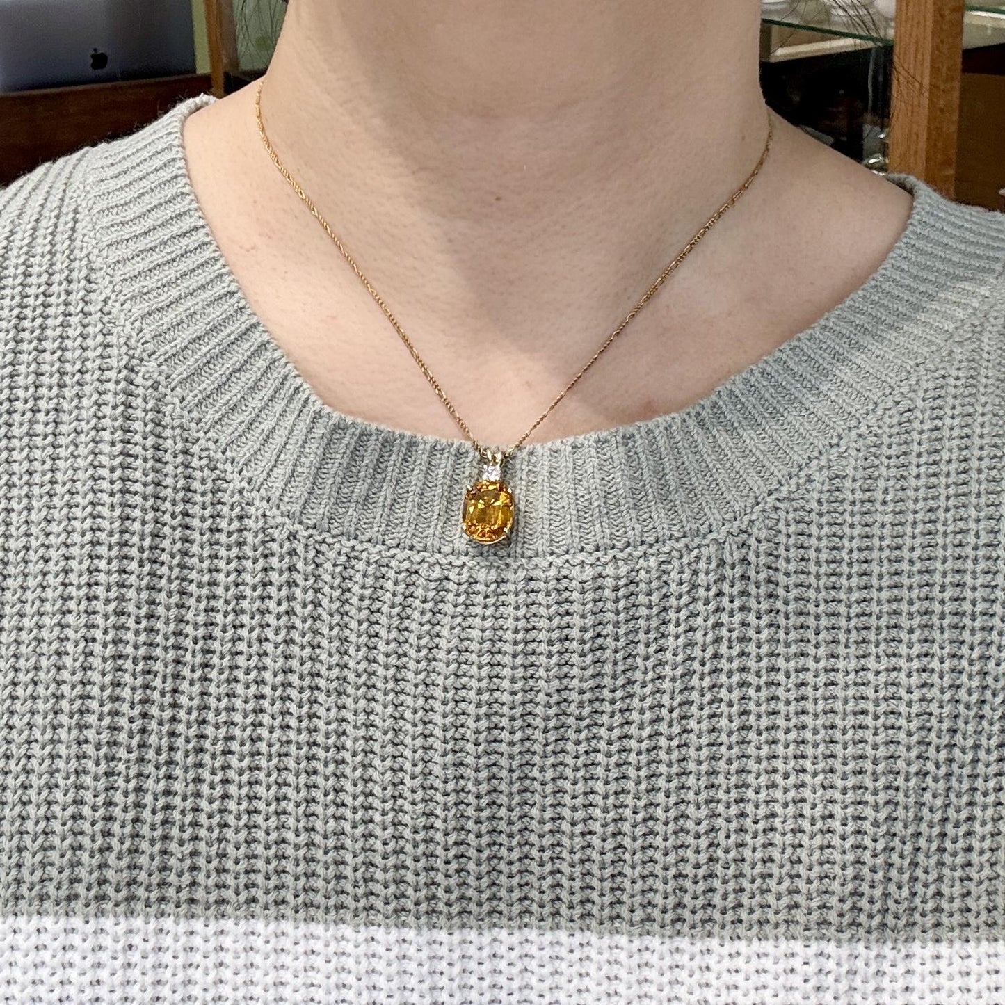 Vintage Lab Grown Orange Sapphire and Diamond Pendant 14k Yellow Gold