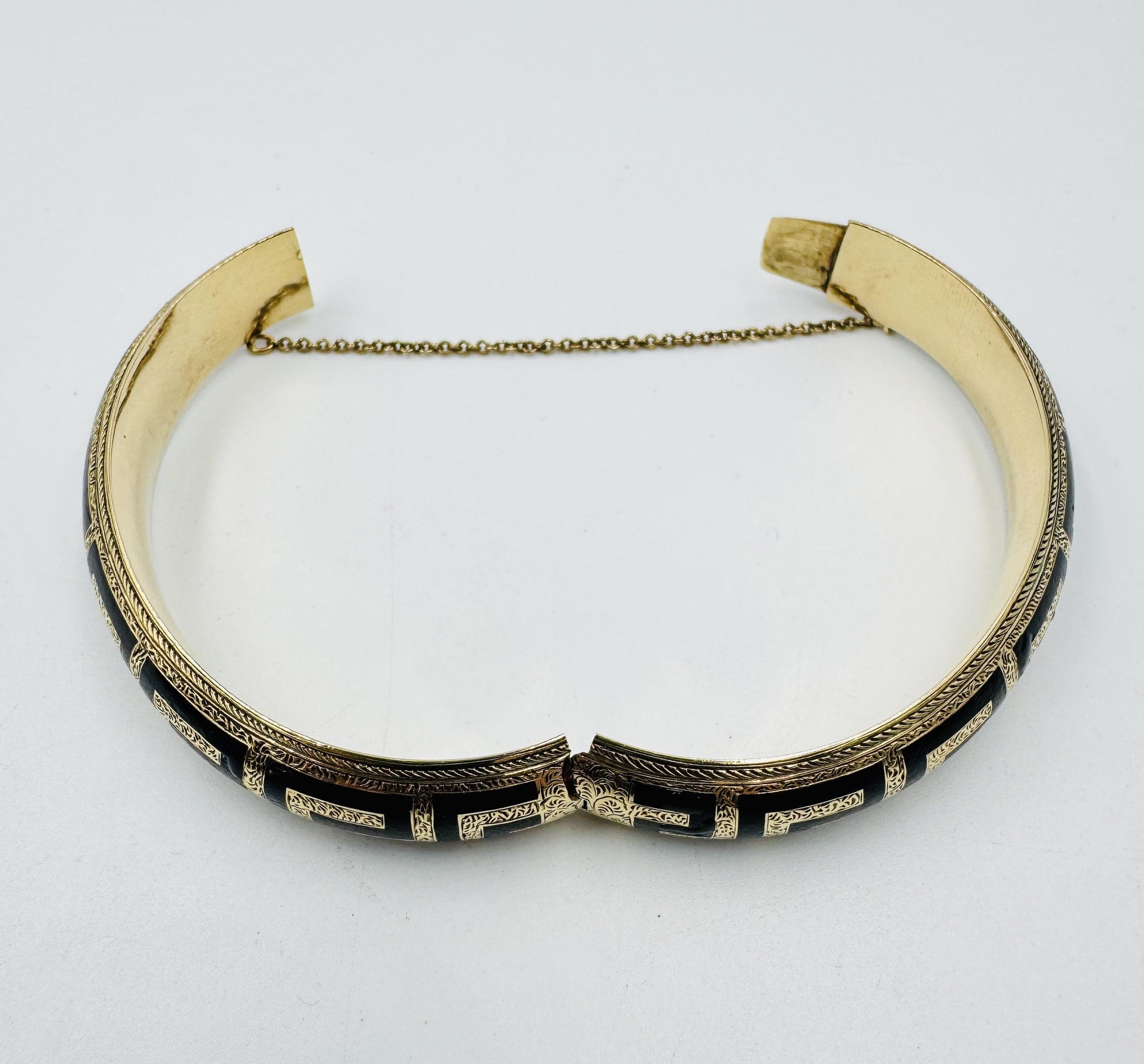 Antique Gold Filled Black Enamel Hinged Bangle Hand Etched