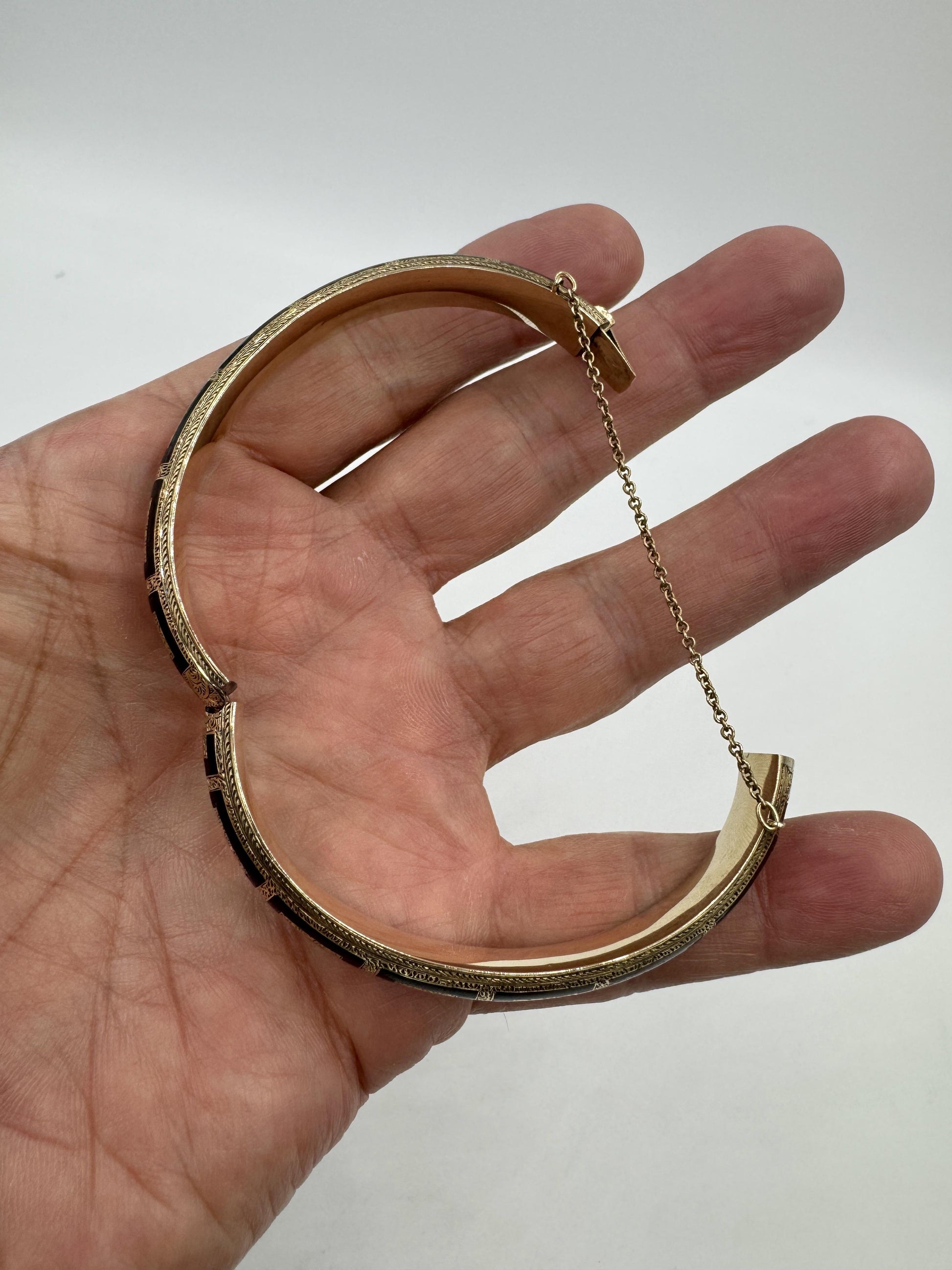 Antique Gold Filled Black Enamel Hinged Bangle Hand Etched