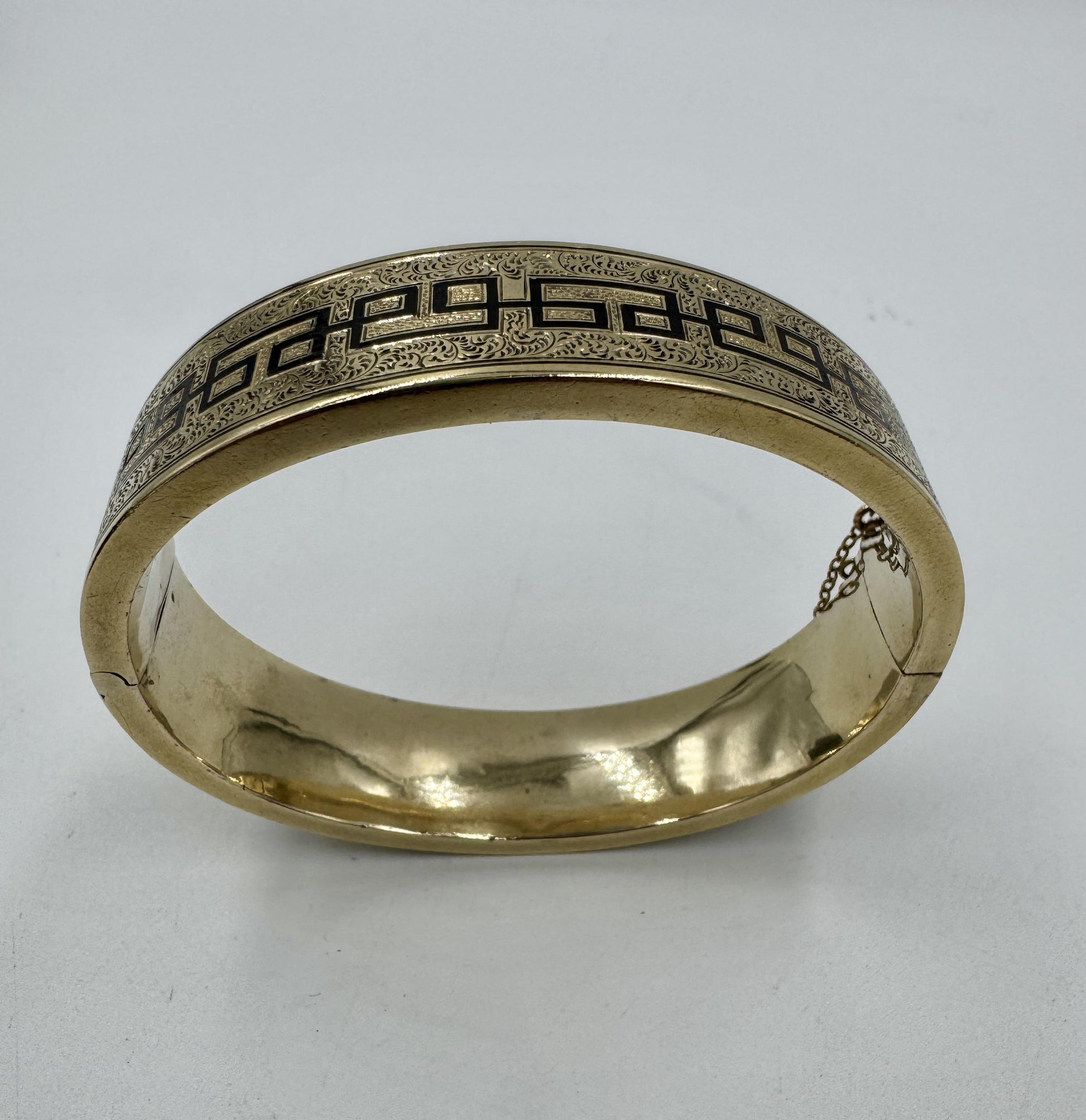 Vtg Antique Gold Filled Victorian Black Enamel Ornate Hinged Bangle Bracelet