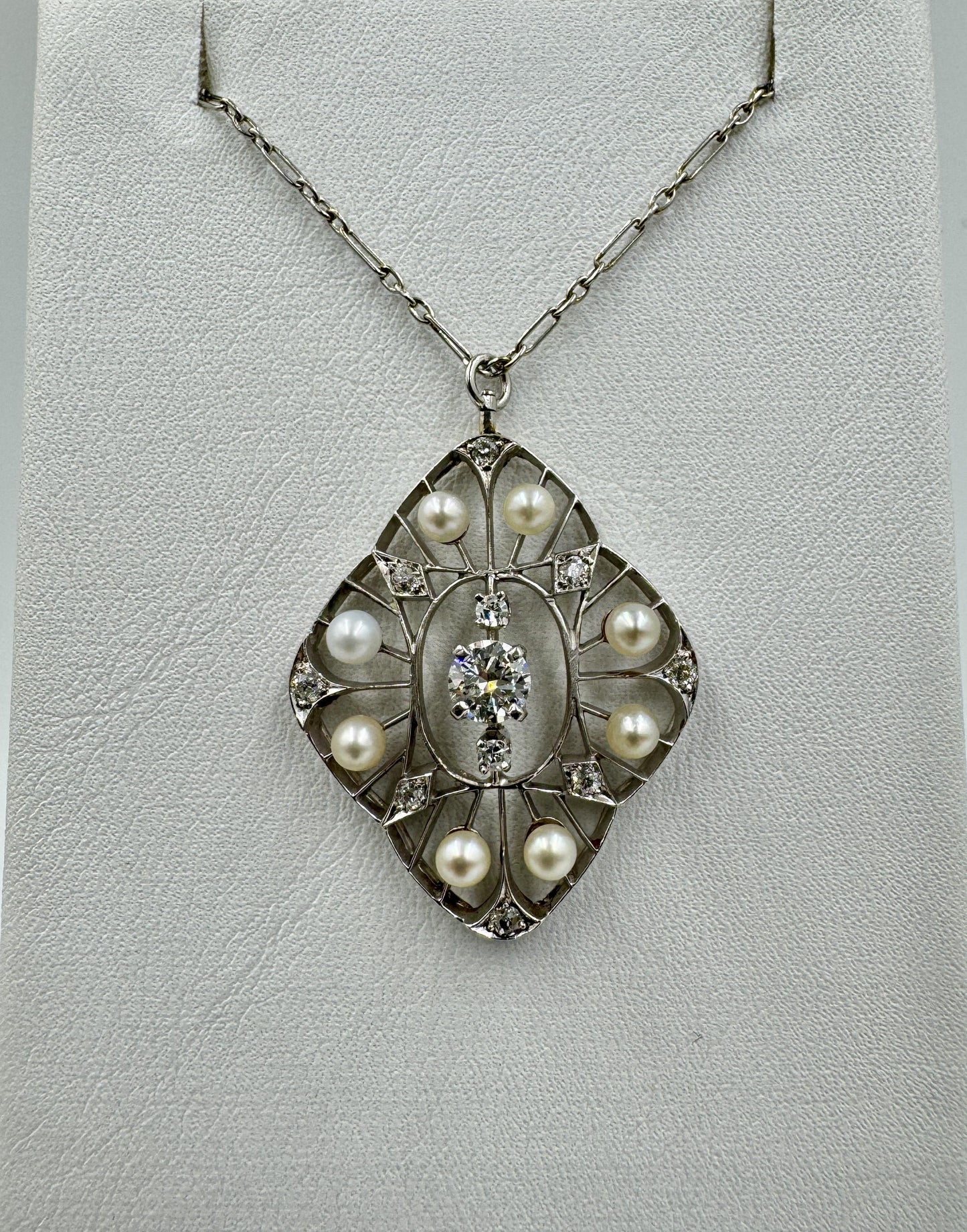 Edwardian Platinum Diamond Pearl Pendant Necklace
