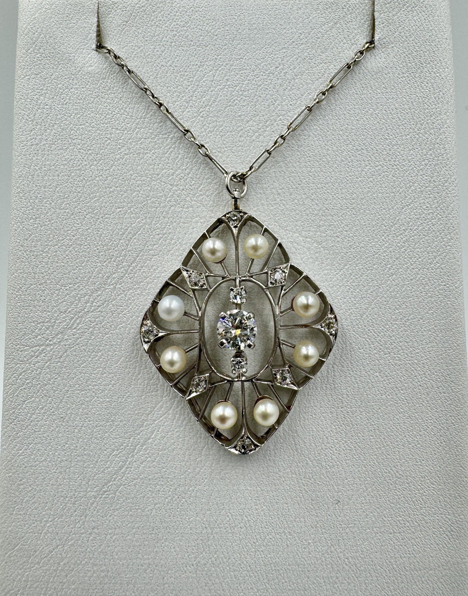 Edwardian Platinum Diamond Pearl Pendant Necklace