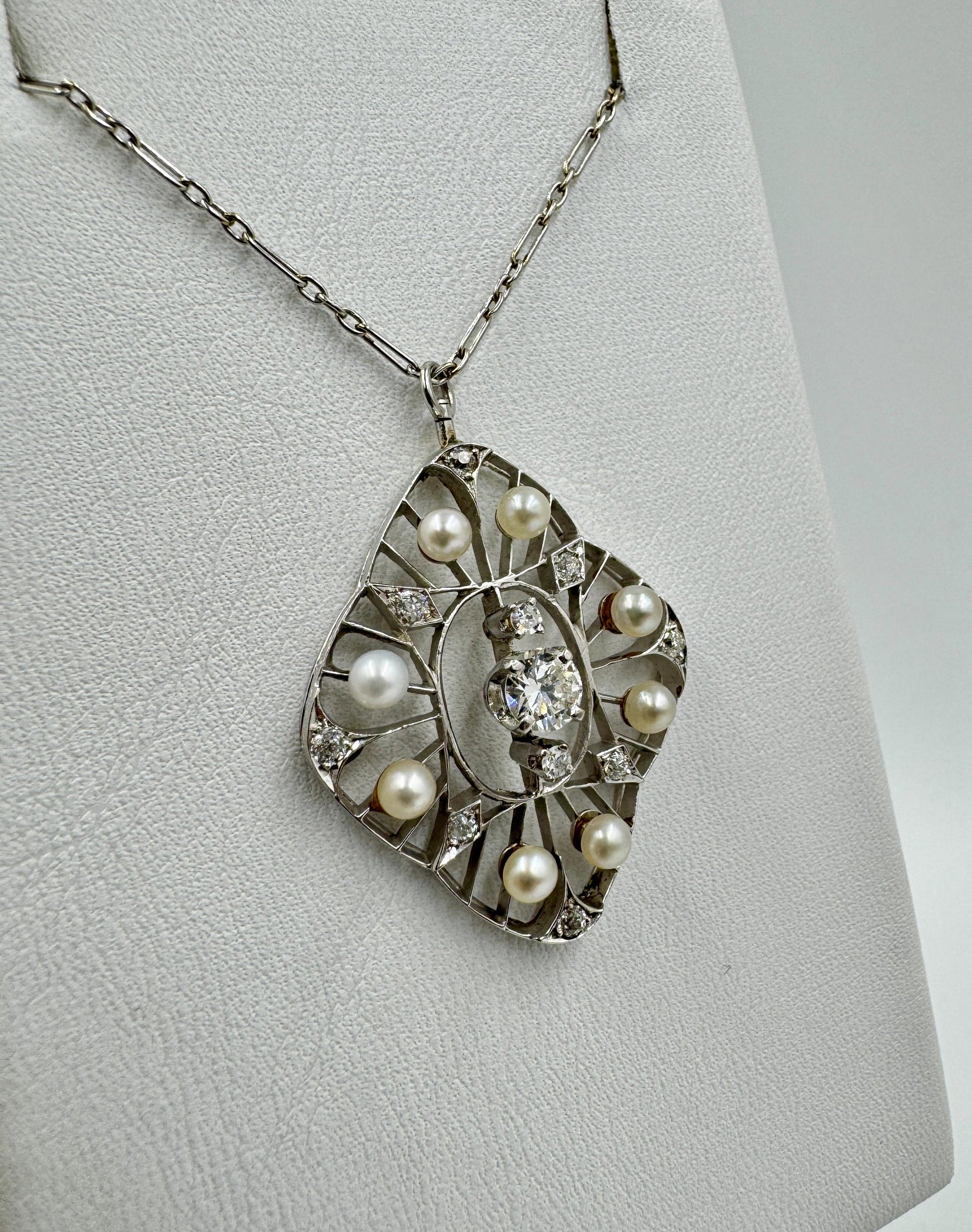 Edwardian Platinum Diamond Pearl Pendant Necklace