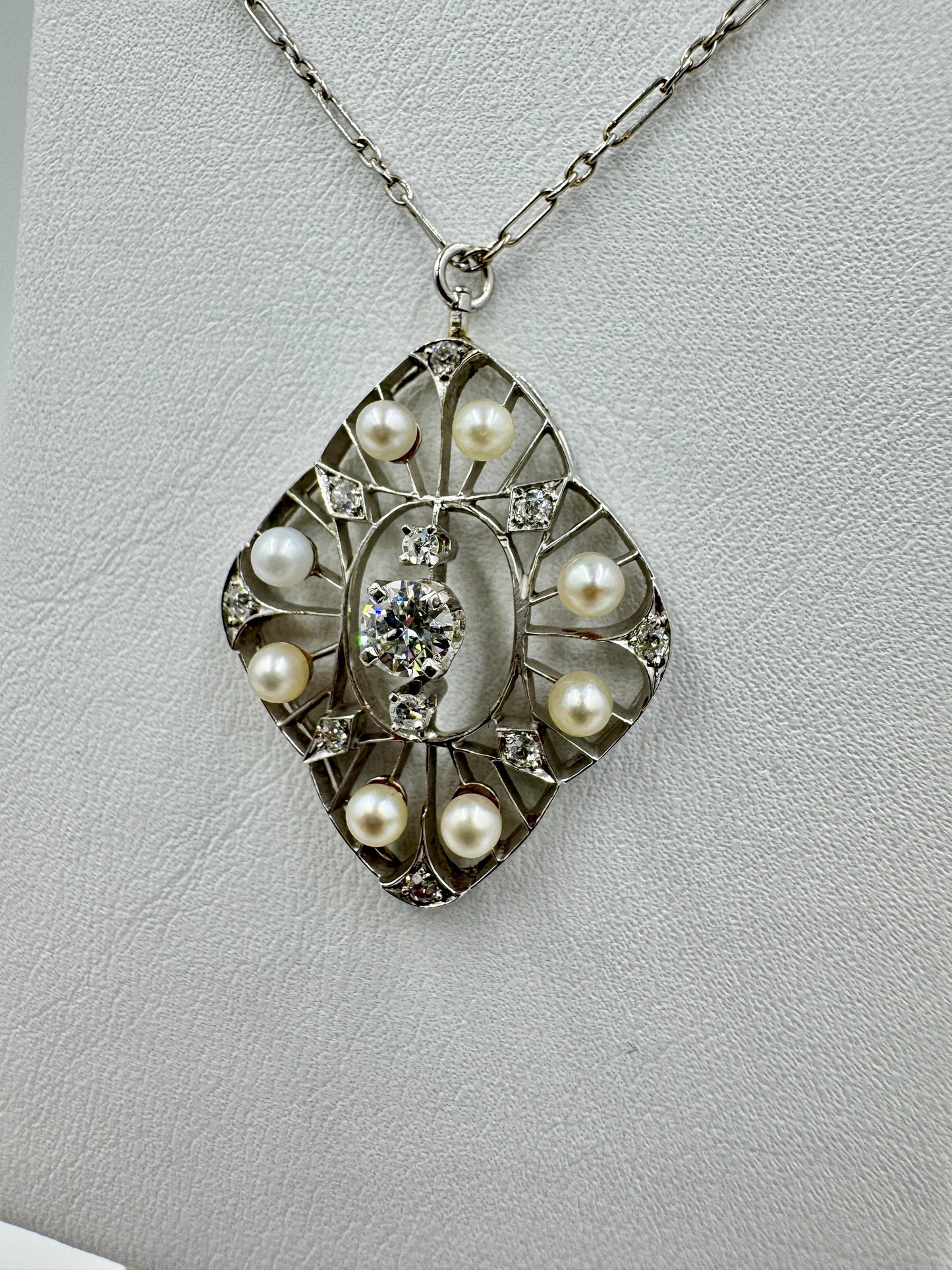 Edwardian Platinum Diamond Pearl Pendant Necklace