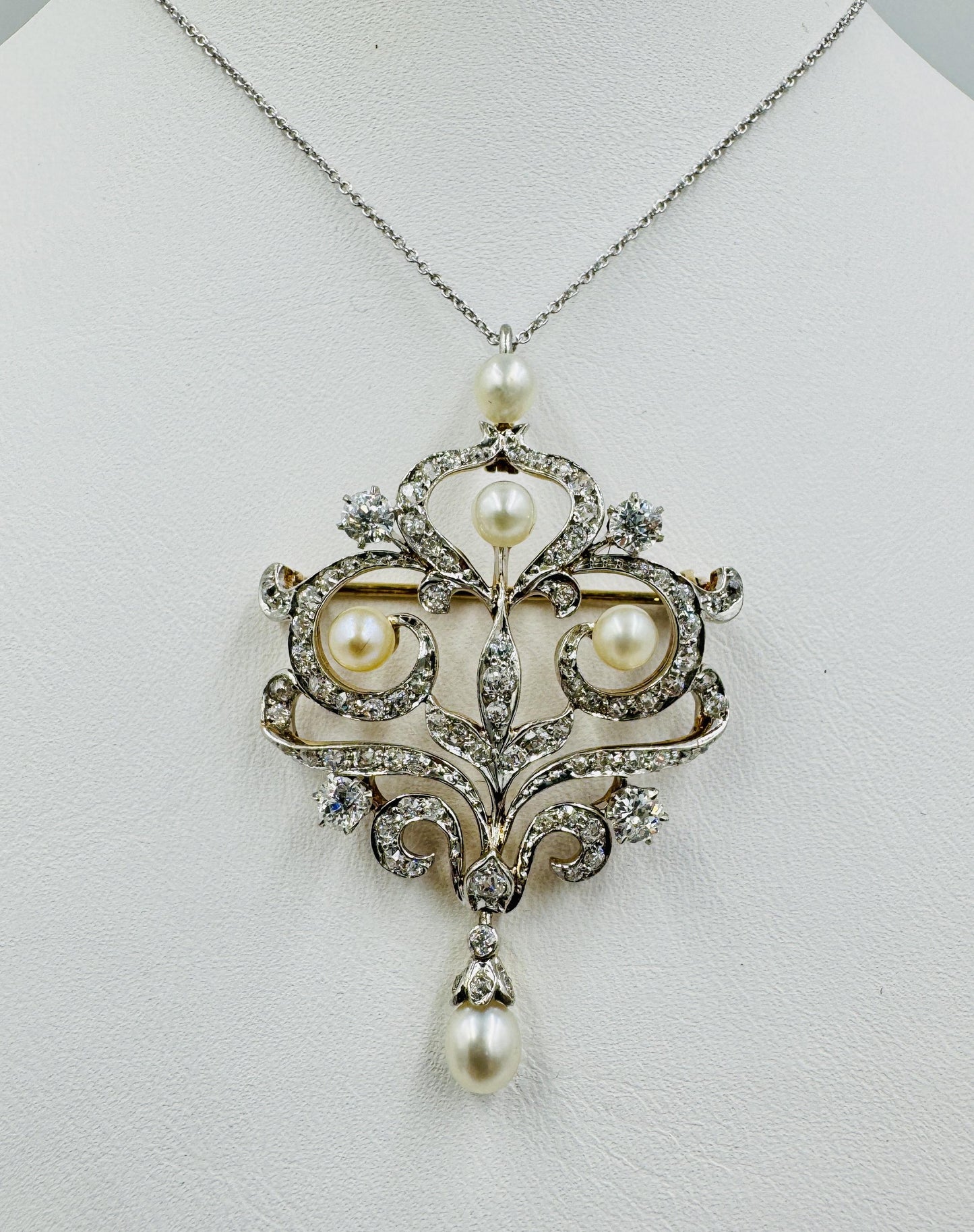 Edwardian Platinum and 14k Gold Diamond Pendant Brooch Necklace Combo