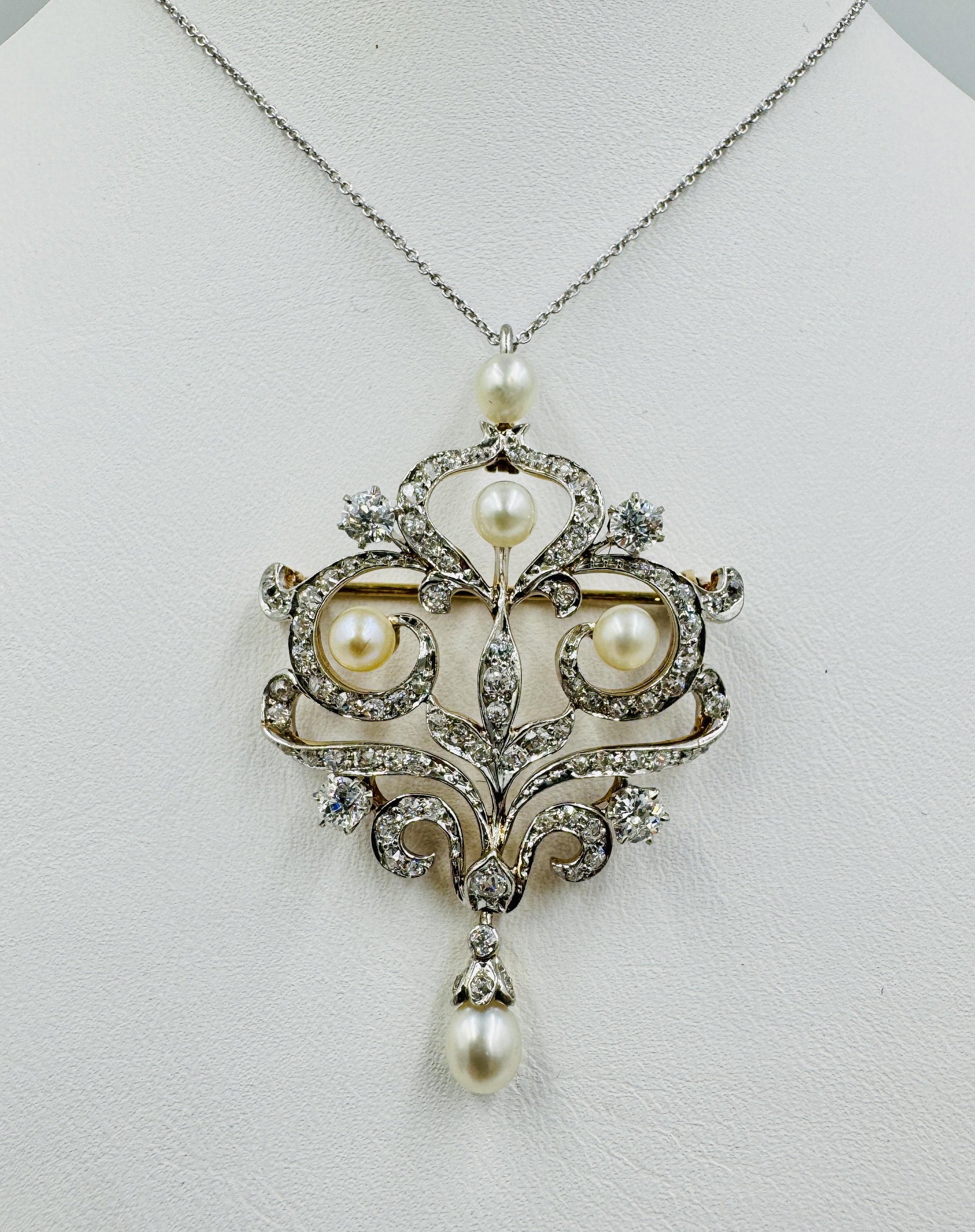 Edwardian Platinum and 14k Gold Diamond Pendant Brooch Necklace Combo