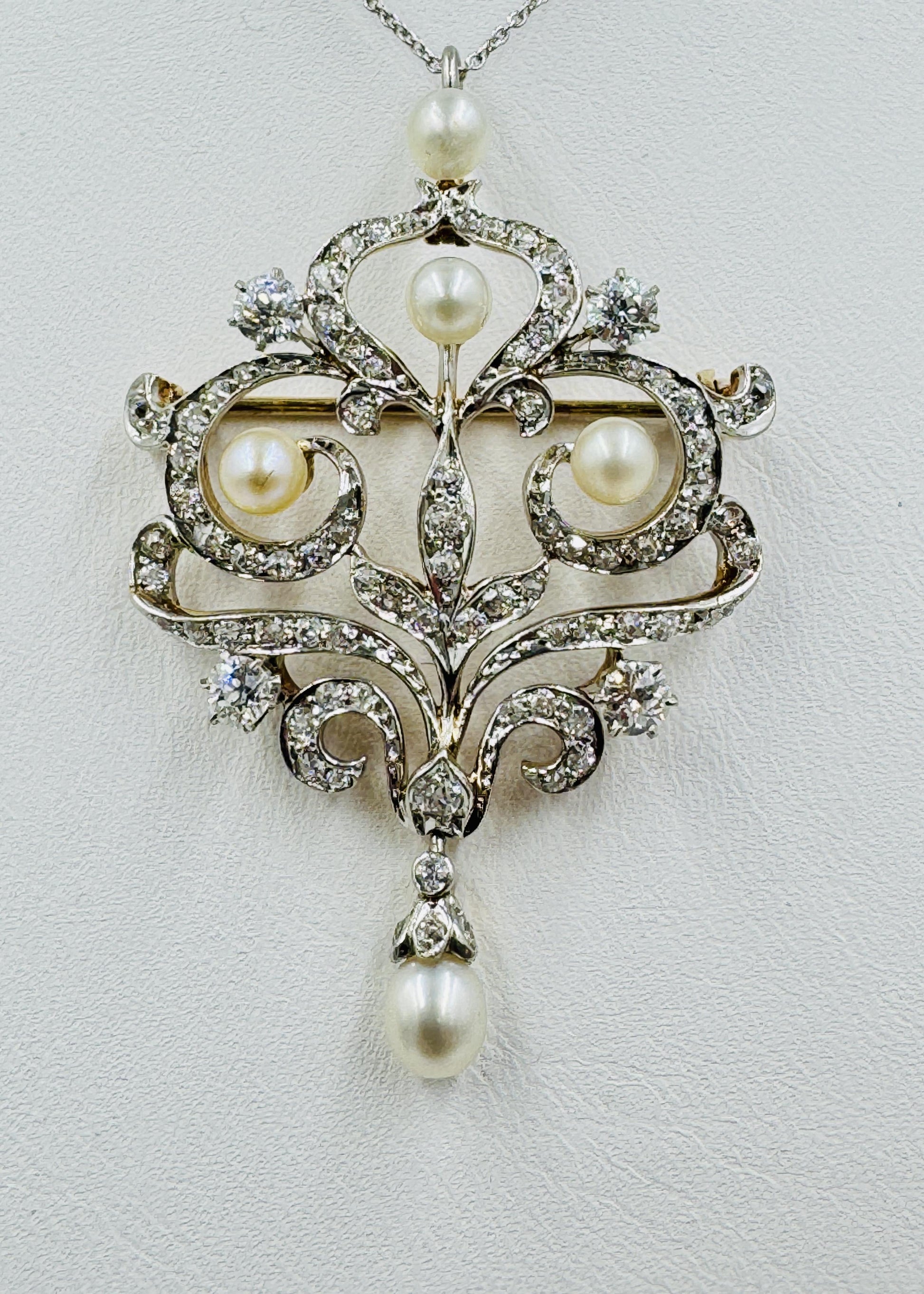 Edwardian Platinum and 14k Gold Diamond Pendant Brooch Necklace Combo