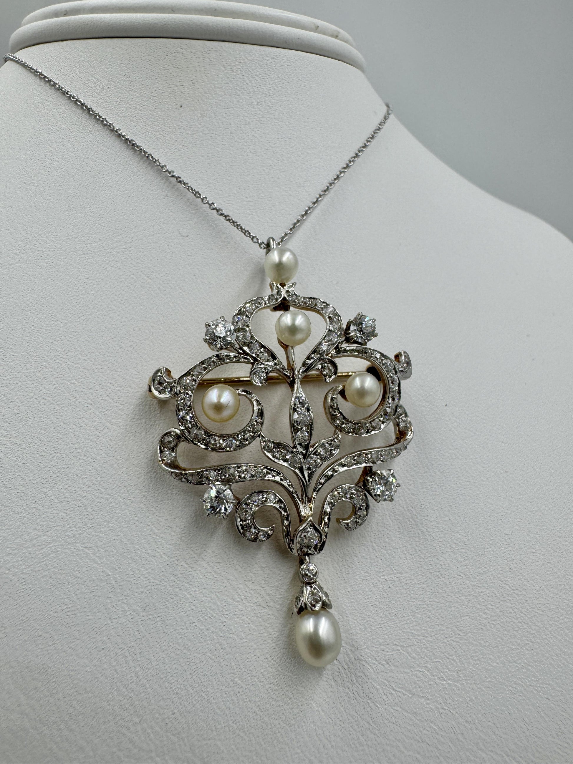 Edwardian Platinum and 14k Gold Diamond Pendant Brooch Necklace Combo