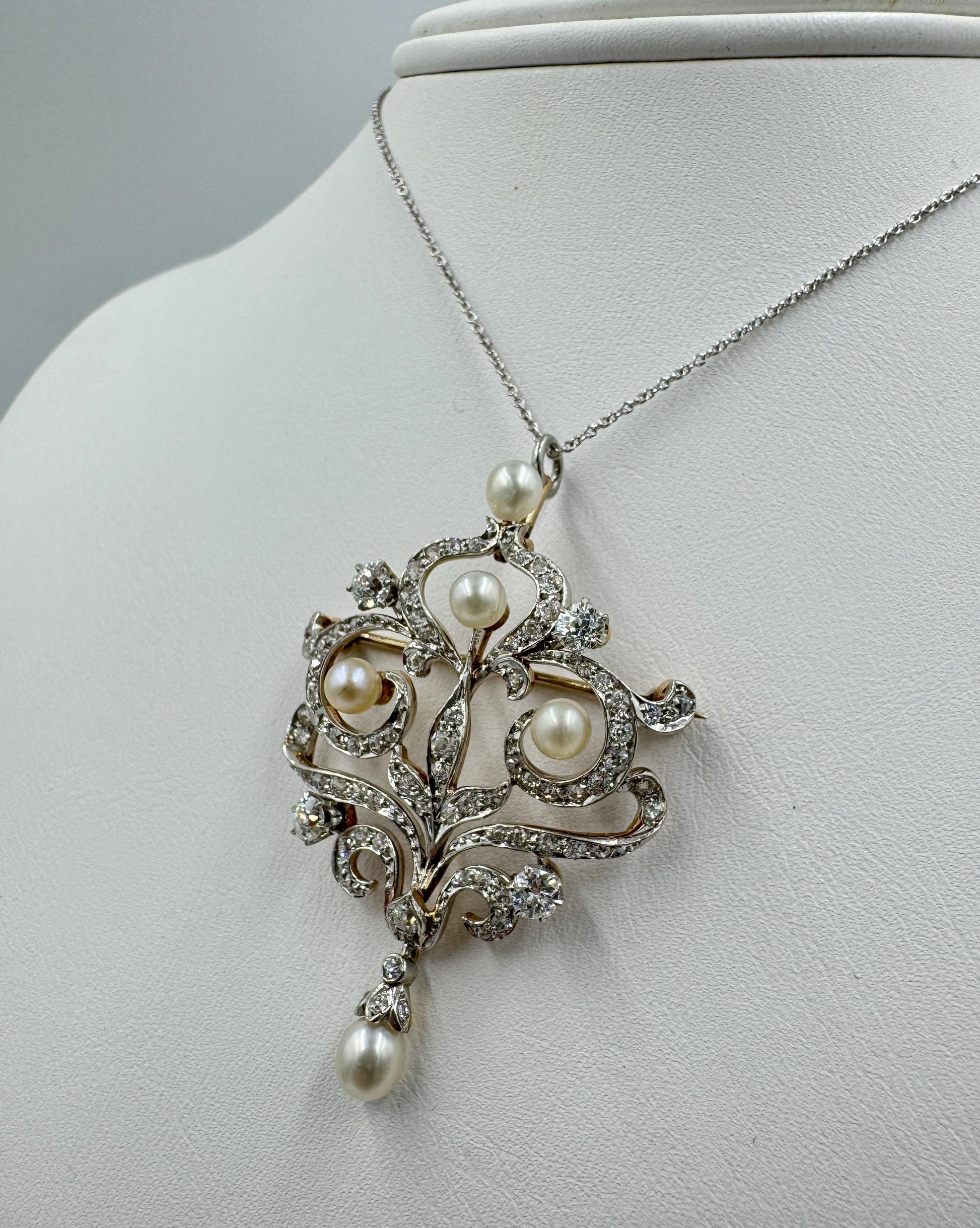 Edwardian Platinum and 14k Gold Diamond Pendant Brooch Necklace Combo