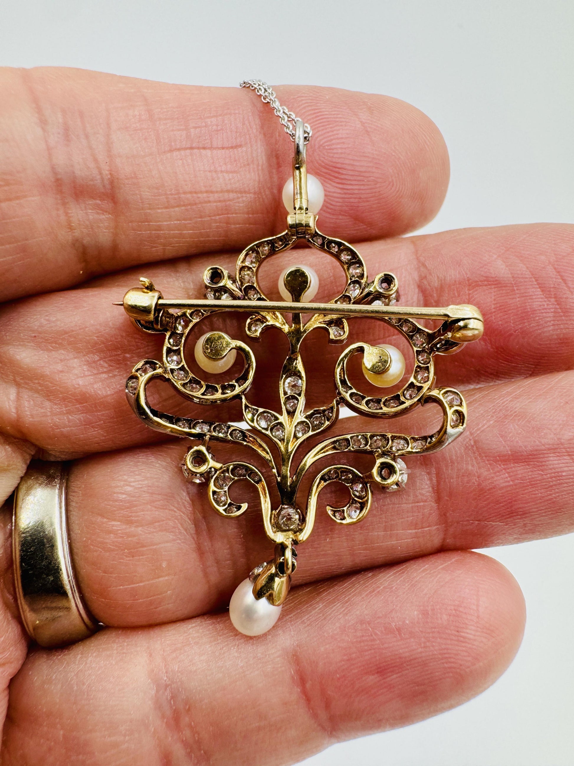 Edwardian Platinum and 14k Gold Diamond Pendant Brooch Necklace Combo
