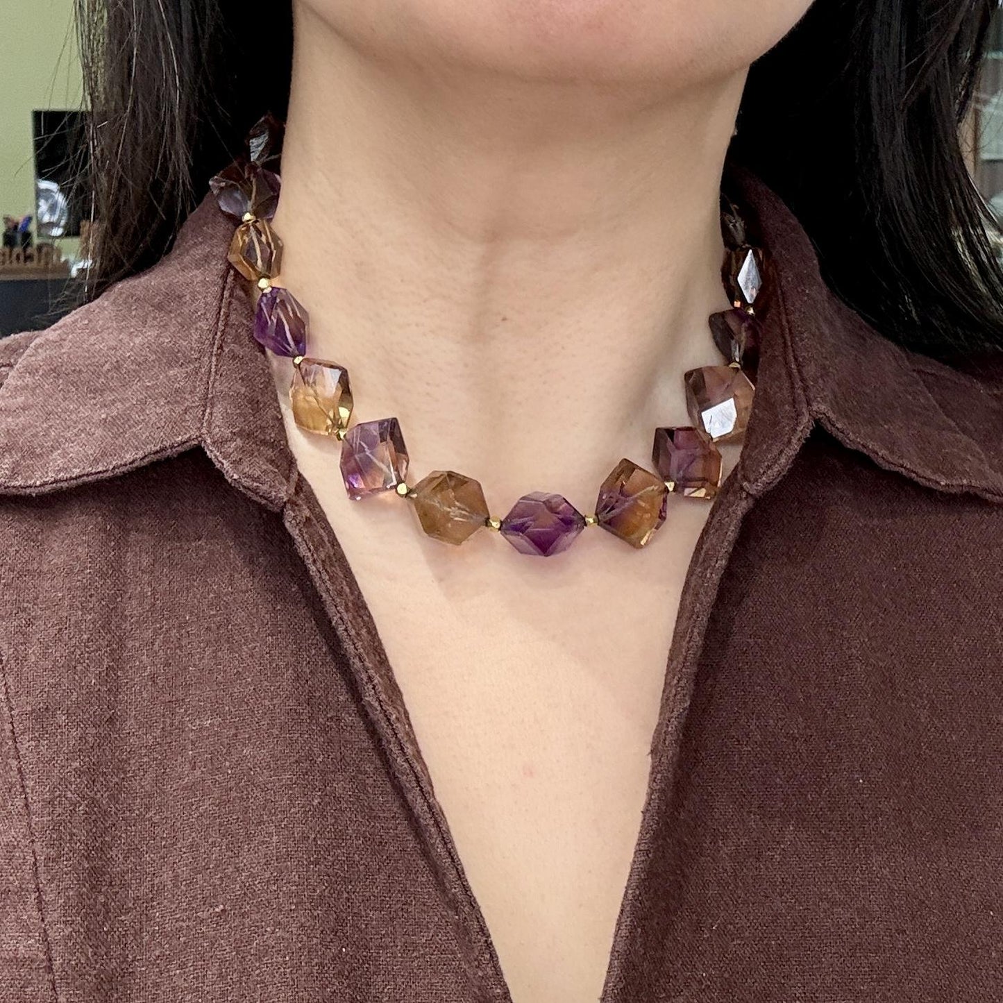 Chunky Faceted Ametrine Statement Necklace 14k Yellow Gold