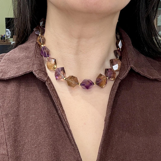 Chunky Faceted Ametrine Statement Necklace 14k Yellow Gold