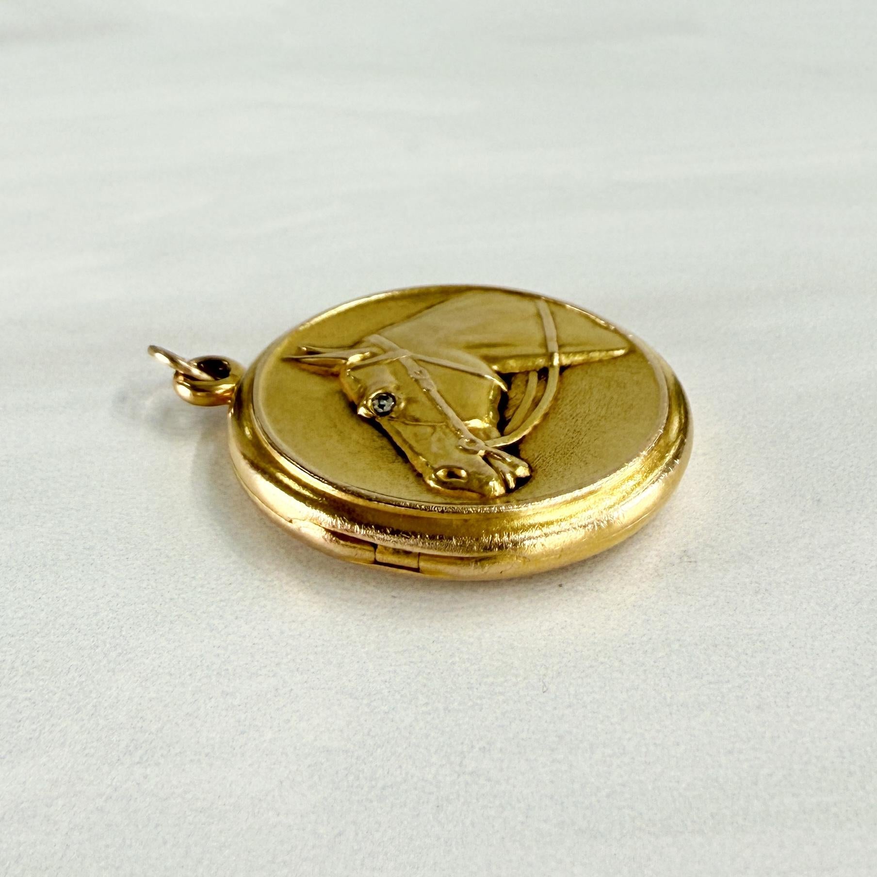Antique 1900 Diamond Horse Locket Pendant 14k Yellow Gold