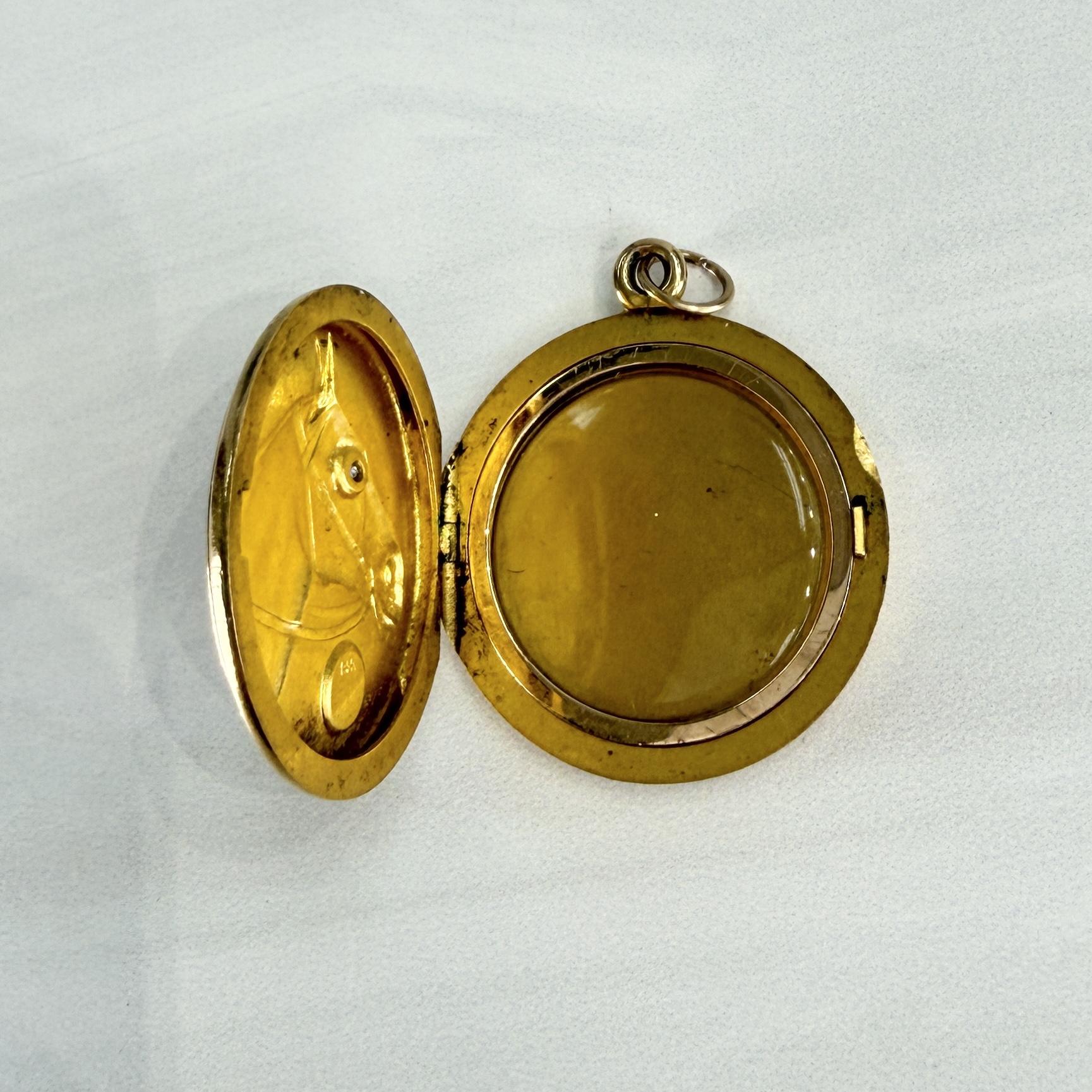 Antique 1900 Diamond Horse Locket Pendant 14k Yellow Gold