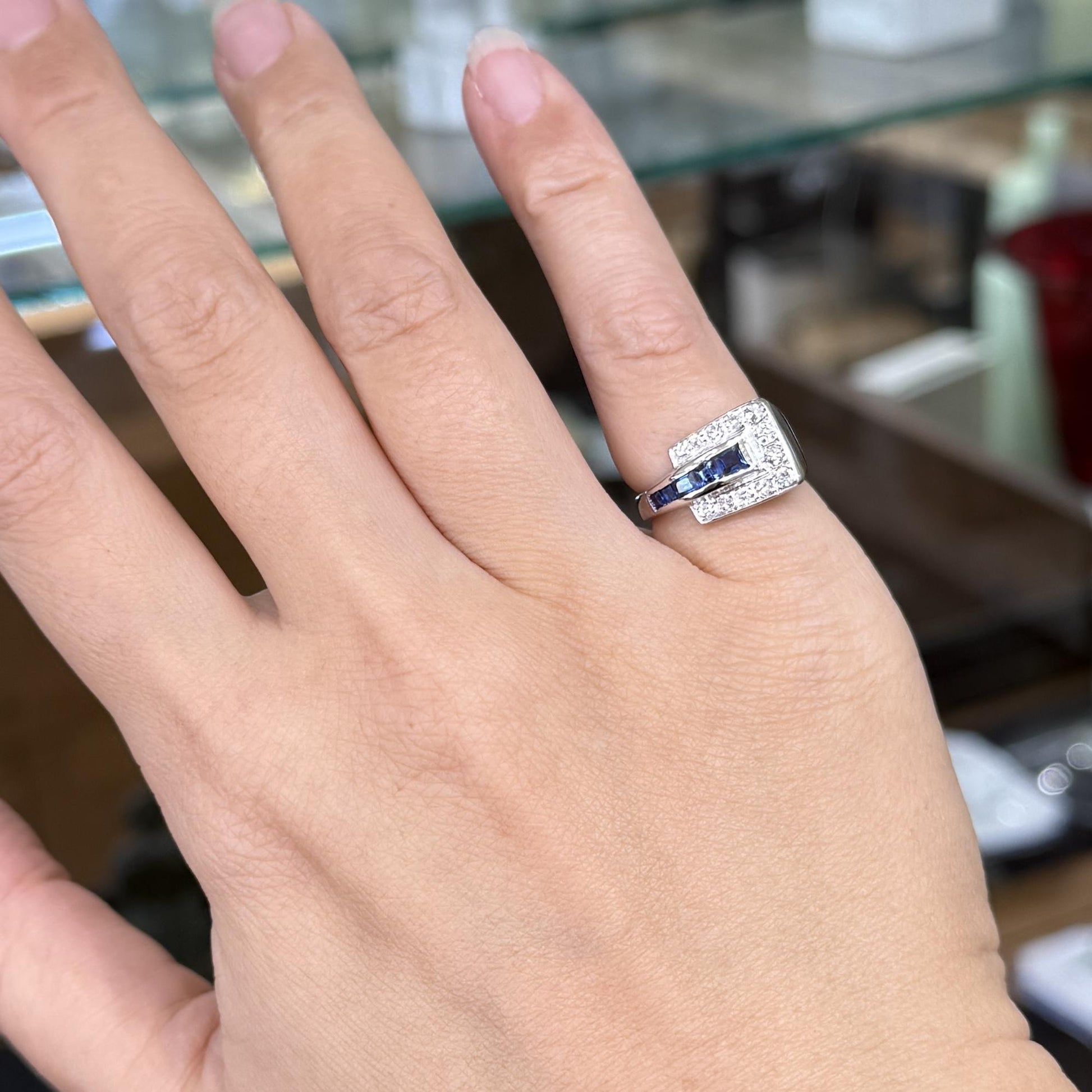 1950's Sapphire and Transitional Diamond Buckle Ring 14k White Gold
