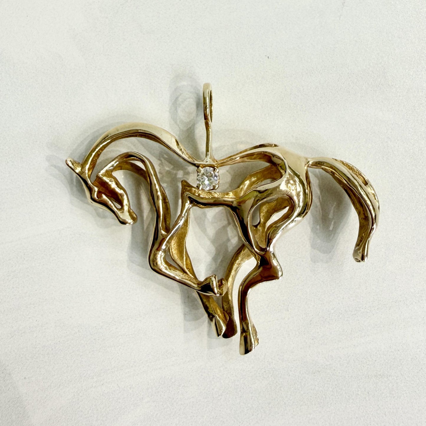 1970's 3D Diamond Horse Pendant 14k Yellow Gold