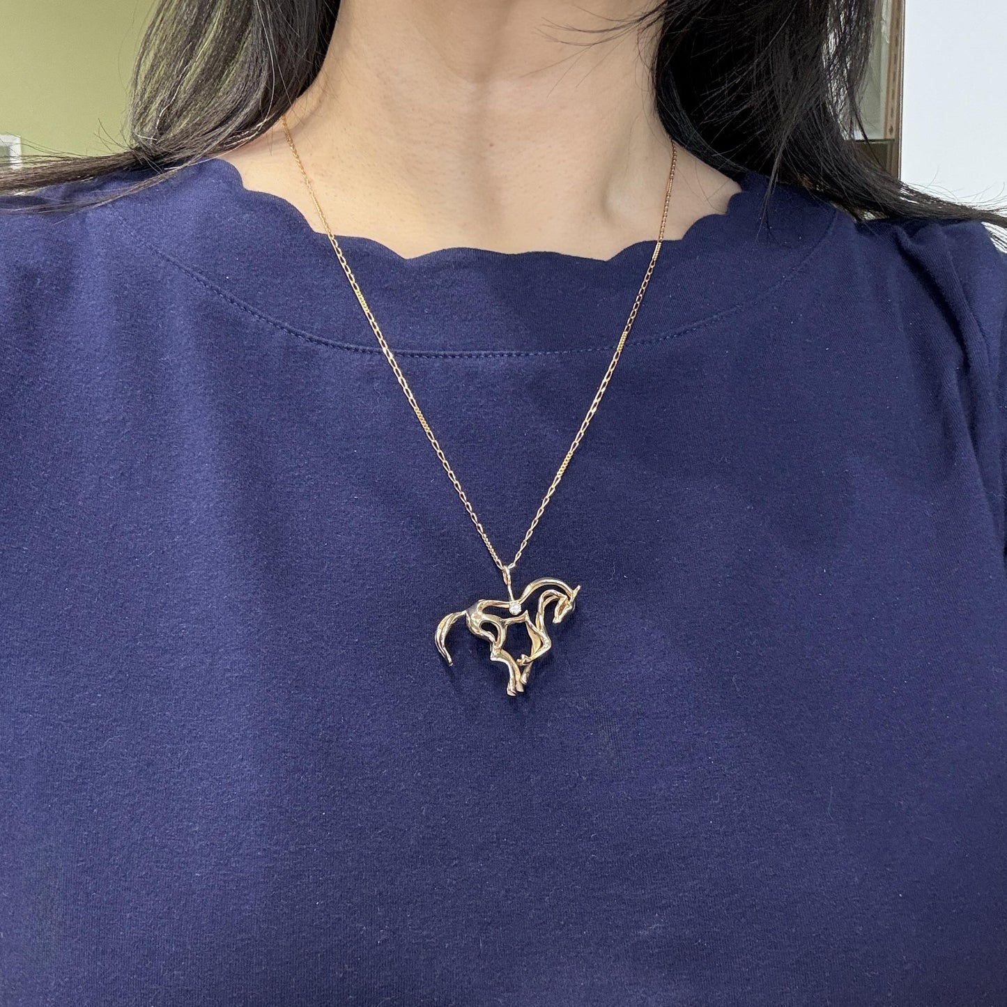 1970's 3D Diamond Horse Pendant 14k Yellow Gold