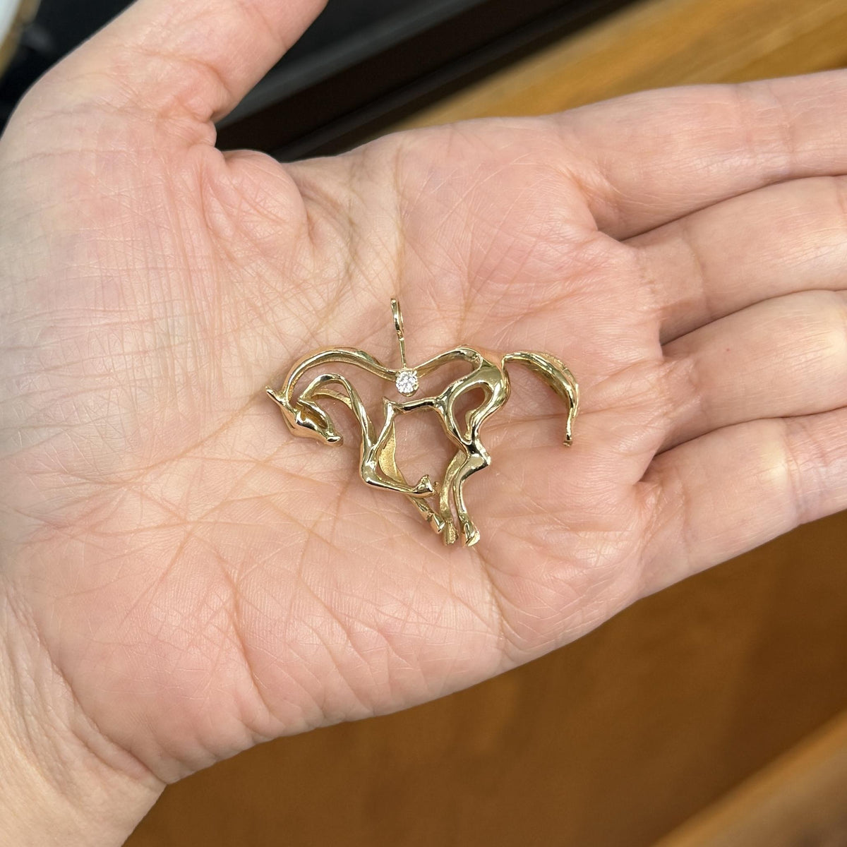 1970's 3D Diamond Horse Pendant 14k Yellow Gold