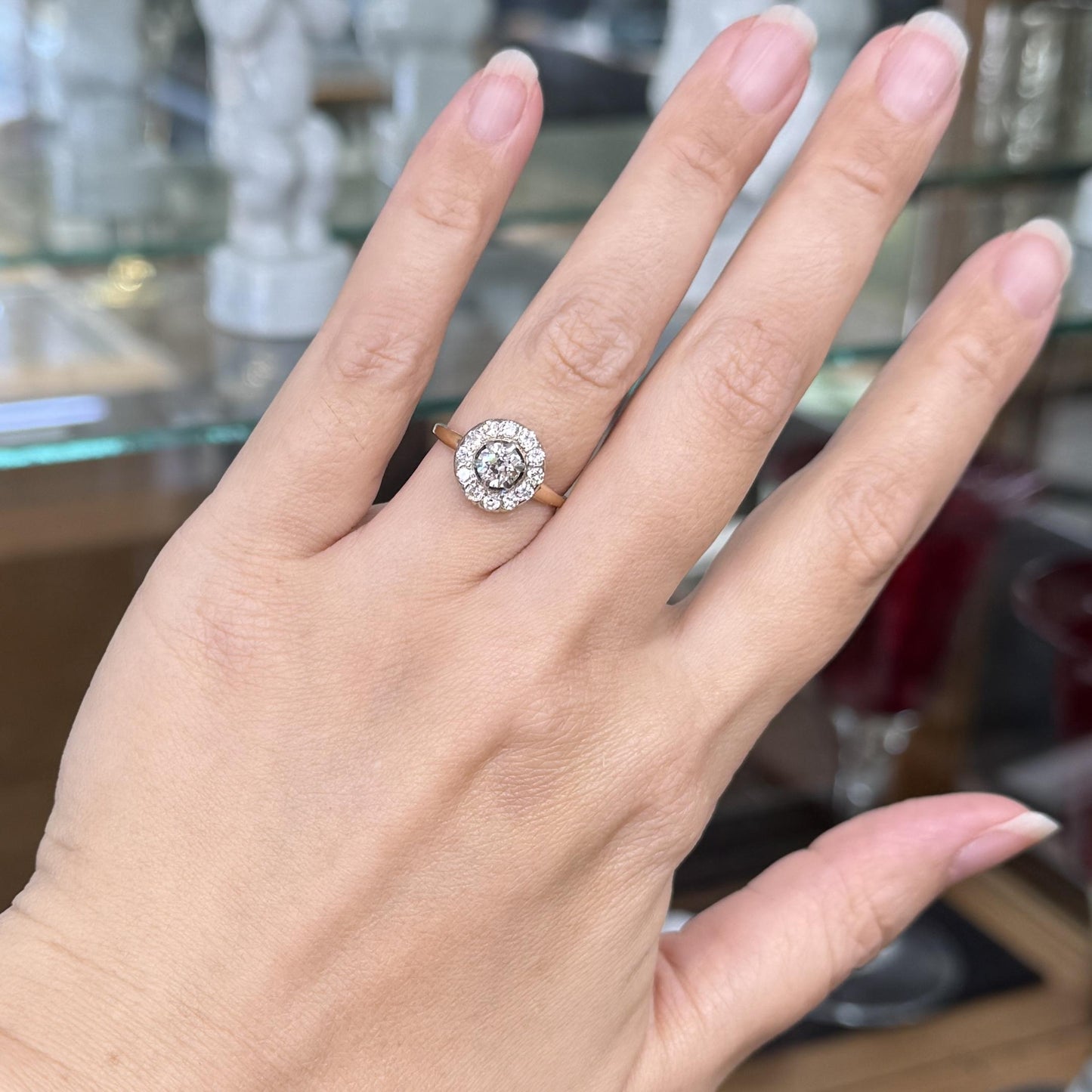 Vintage 1940's Old Mine Cut Diamond Halo Ring 14k Gold