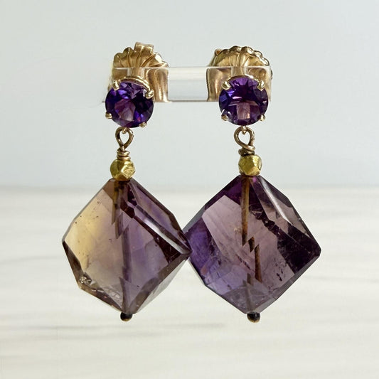 Ametrine and Amethyst Dangle Earrings 14k Yellow Gold