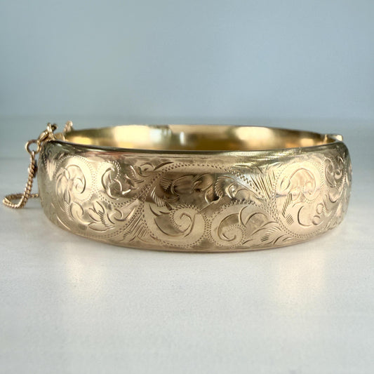 Vintage 1967 Birmingham Wide Engraved Bangle Bracelet 9k Yellow Gold