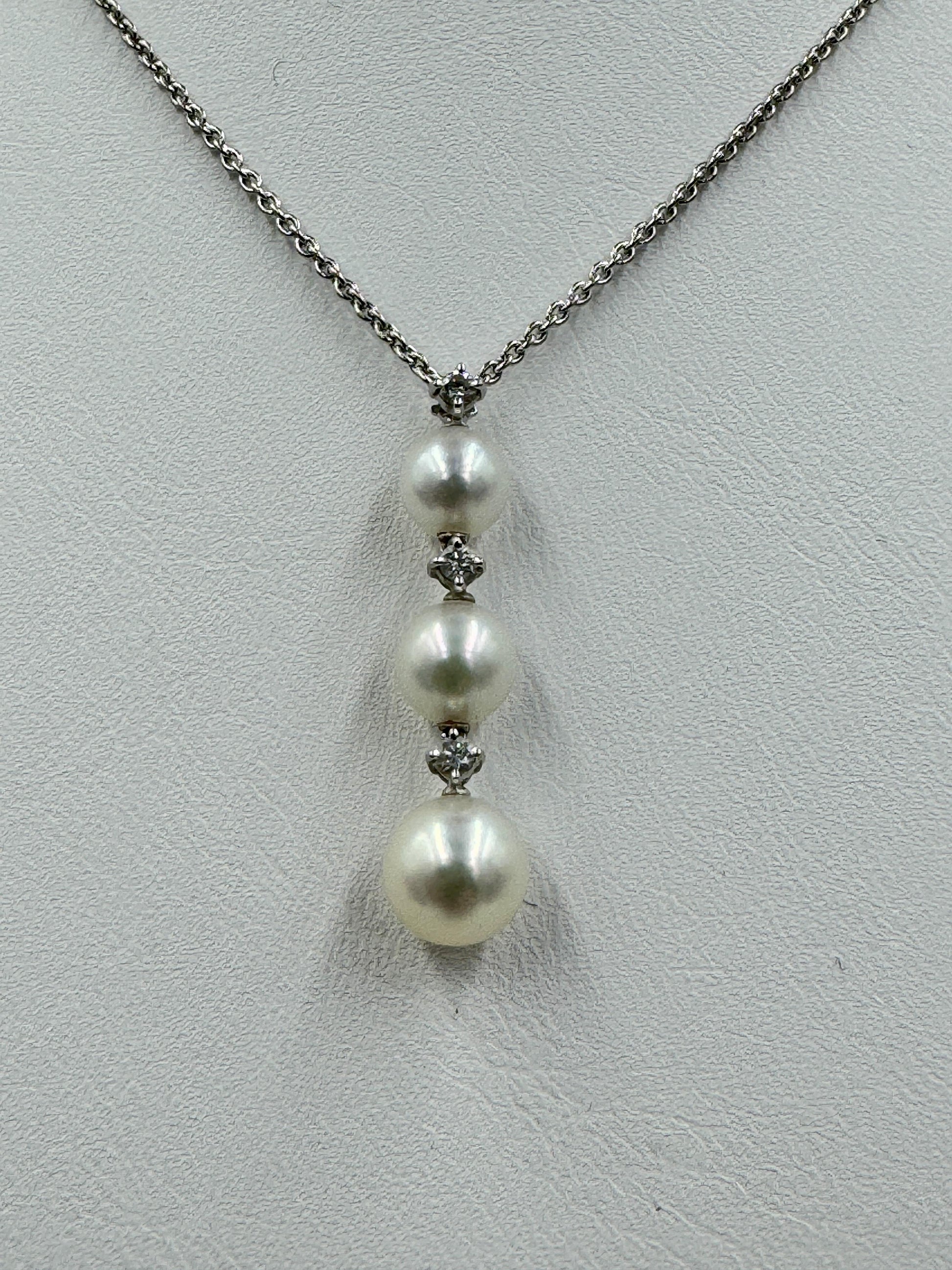 Mikimoto 18k White Gold Diamond and Pearl Drop Pendant 18"